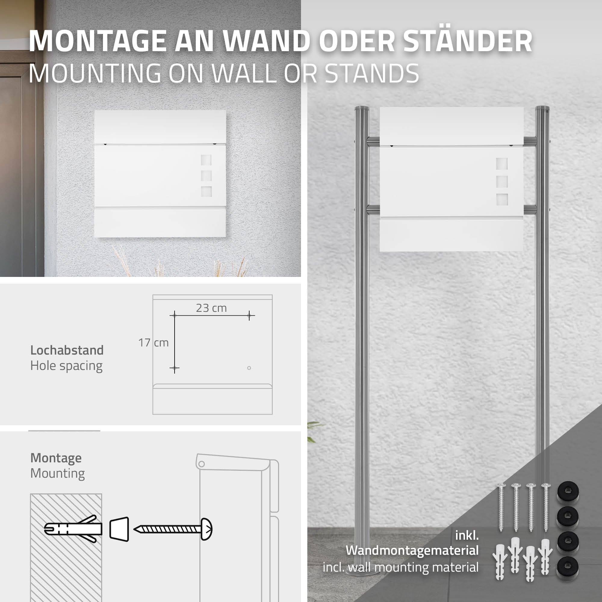 Instrucciones de montaje con diagramas para montaje en pared o soporte.