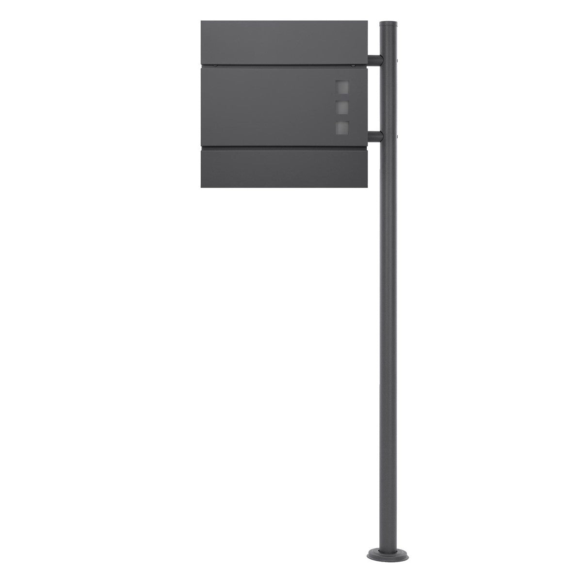 Gray mailbox on a stand, with three compartments.