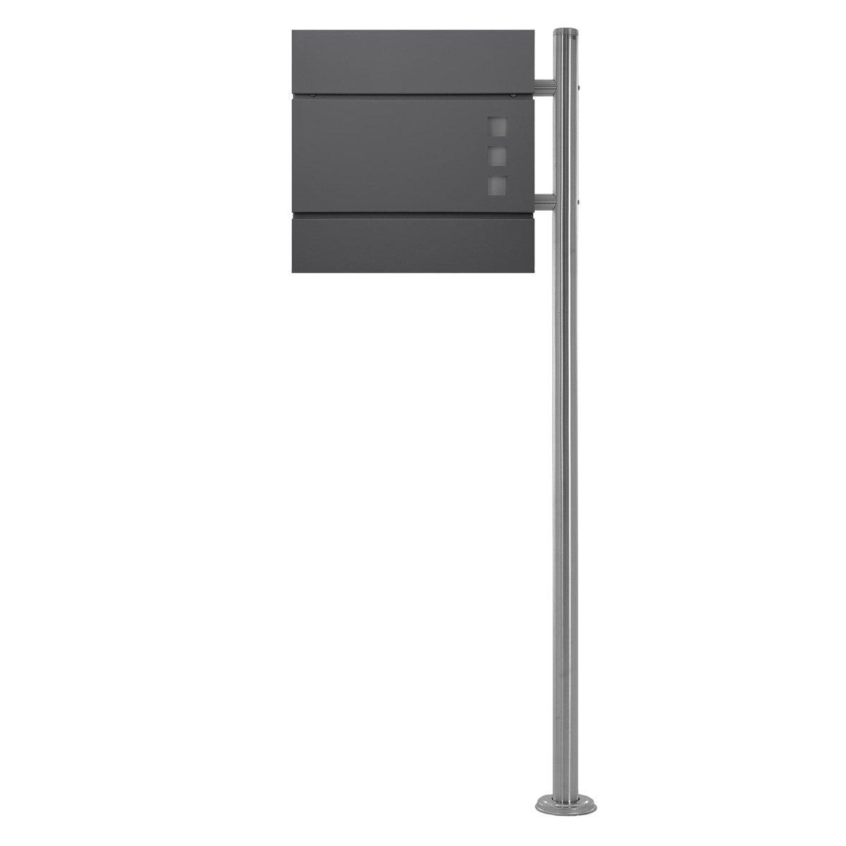 Mailbox with three compartments on a silver stand.