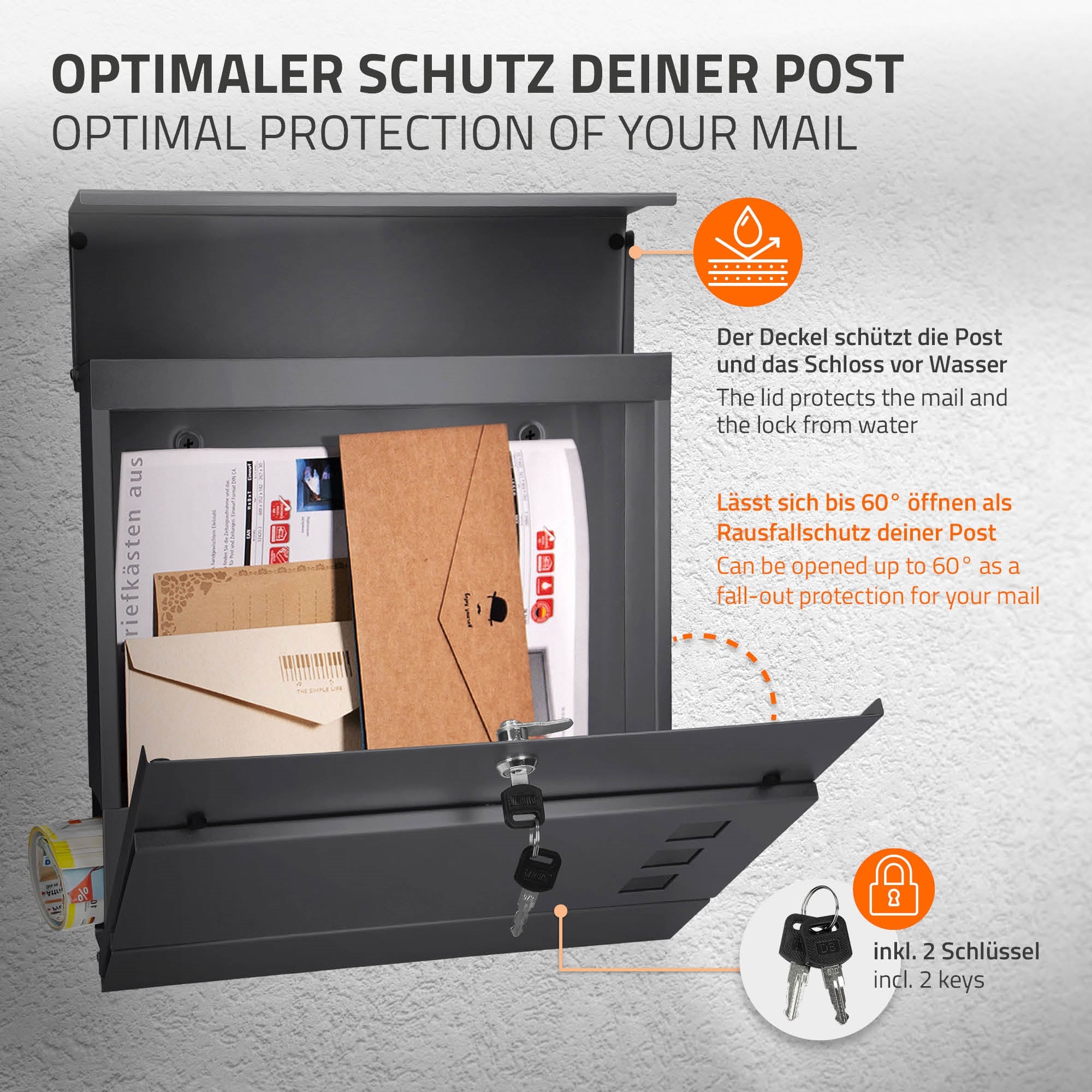 Offene Postbox mit Briefen und Paketen, Schloss sichtbar.