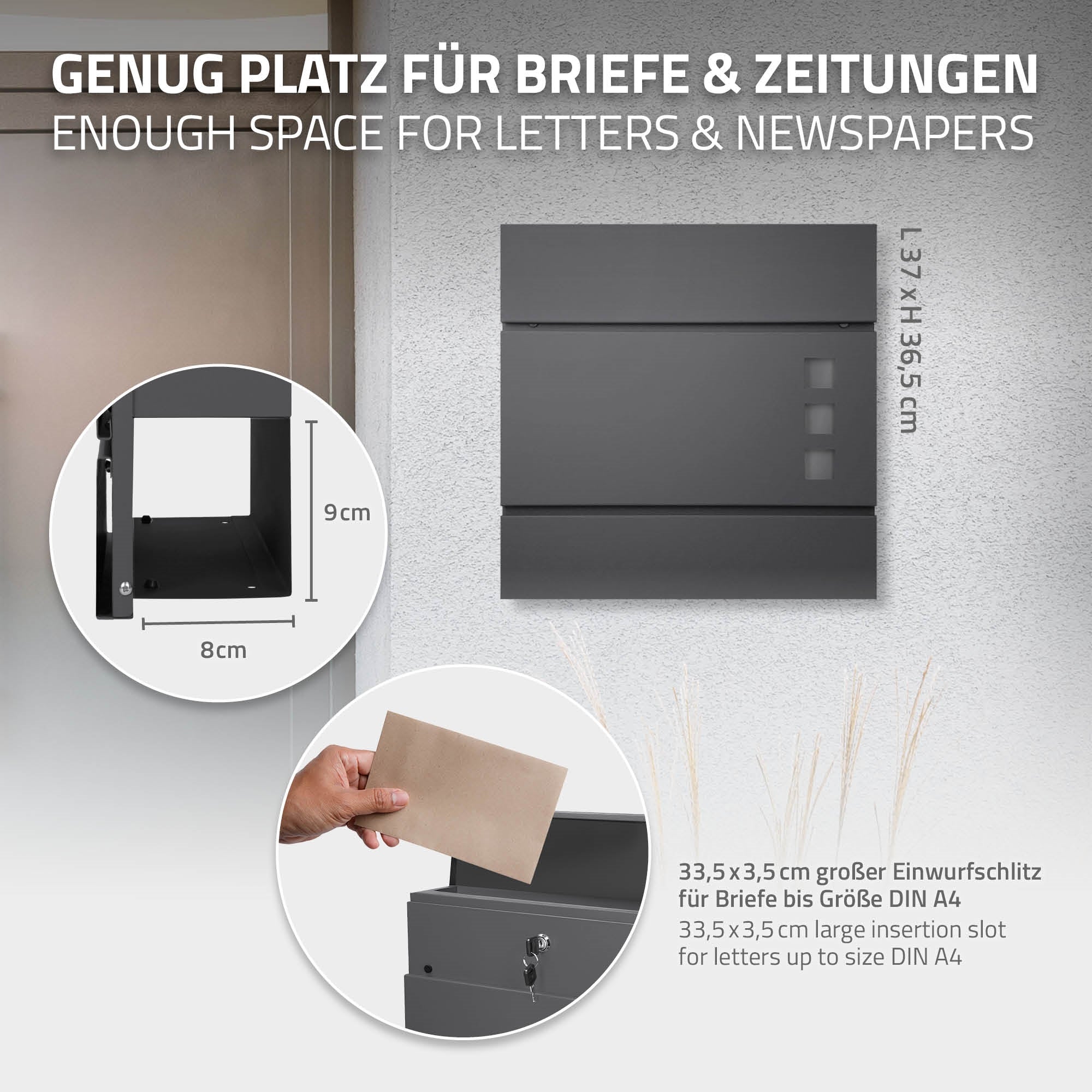 Grafik mit Maßen und Beschreibung für einen Briefkasten.