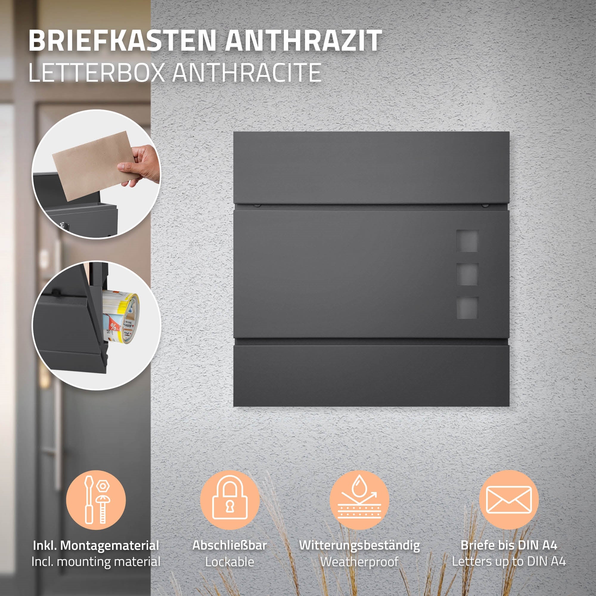 Anthrazitfarbener Briefkasten an einer Wand, mit Brief und Montageinformationen.