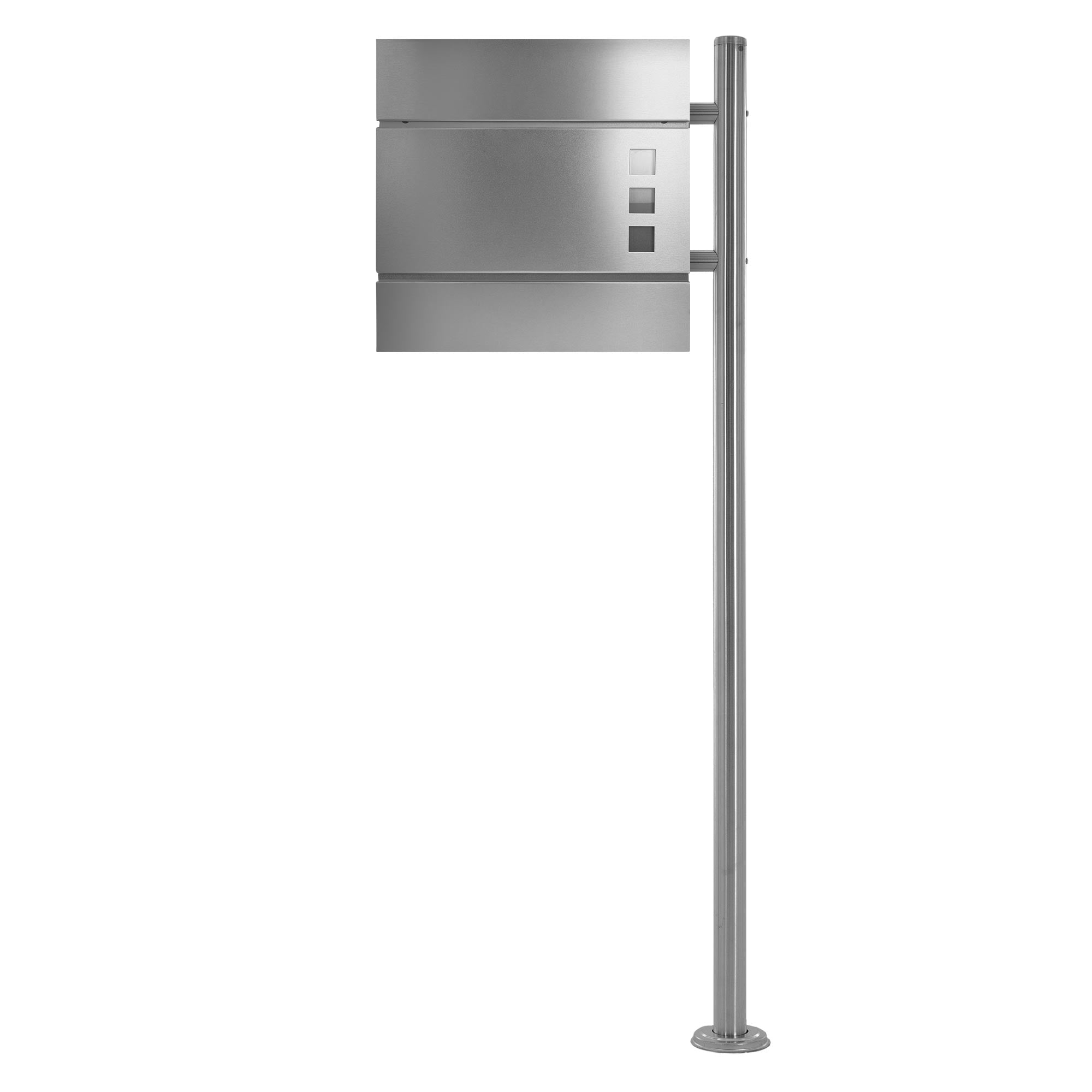 Mailbox on a stand with three compartments and two slots.