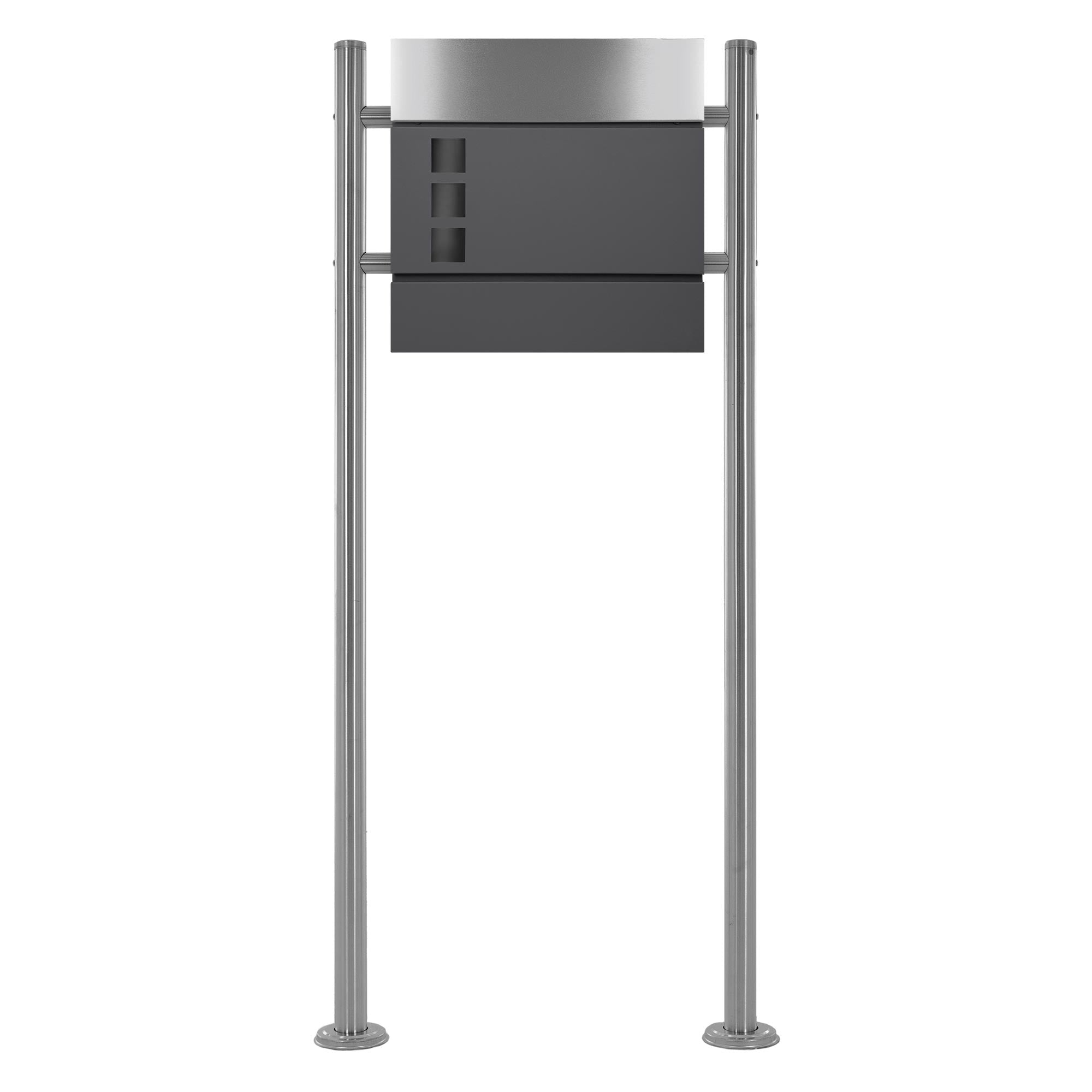 Mailbox on a stand in silver color.