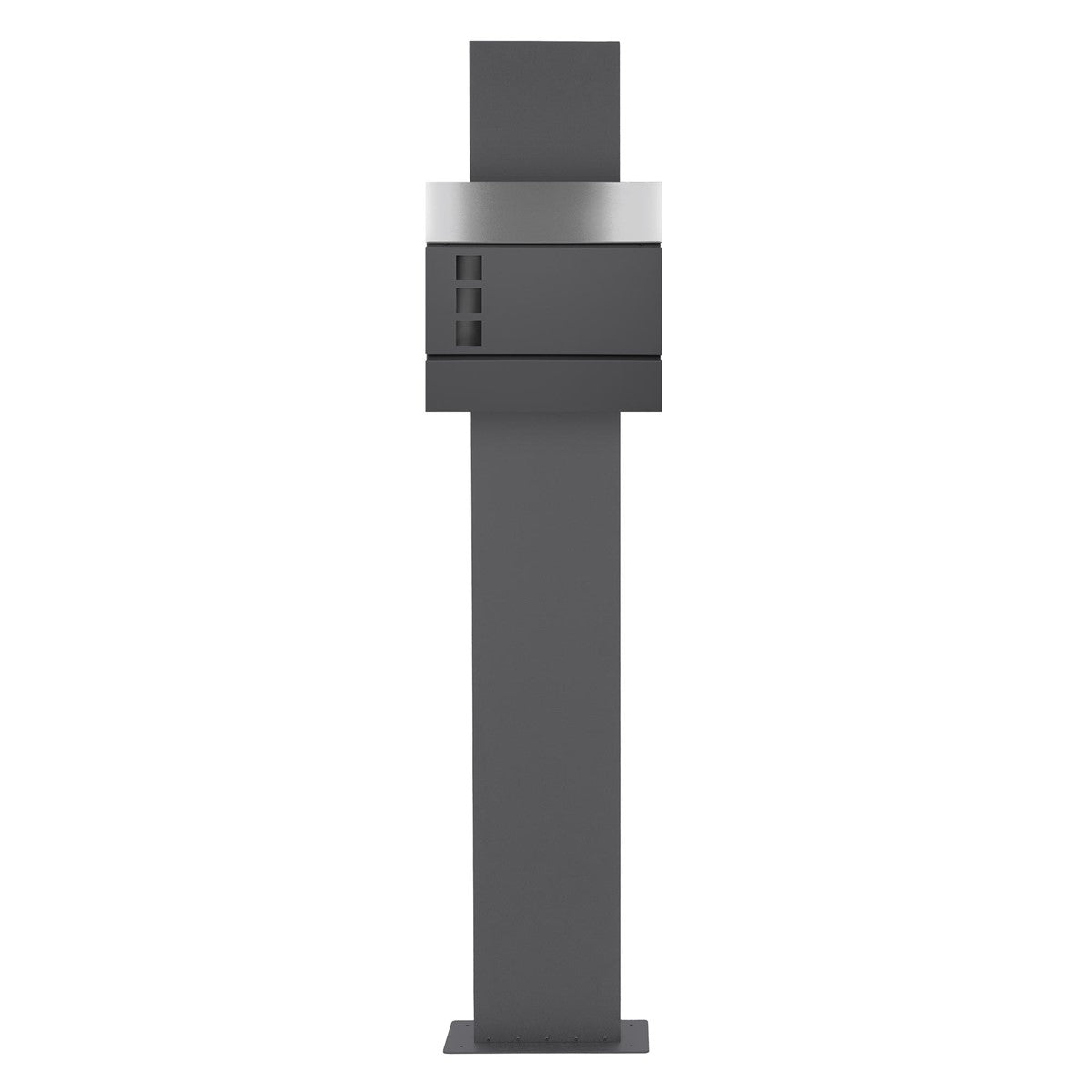 Mailbox on a tall stand, in grey.