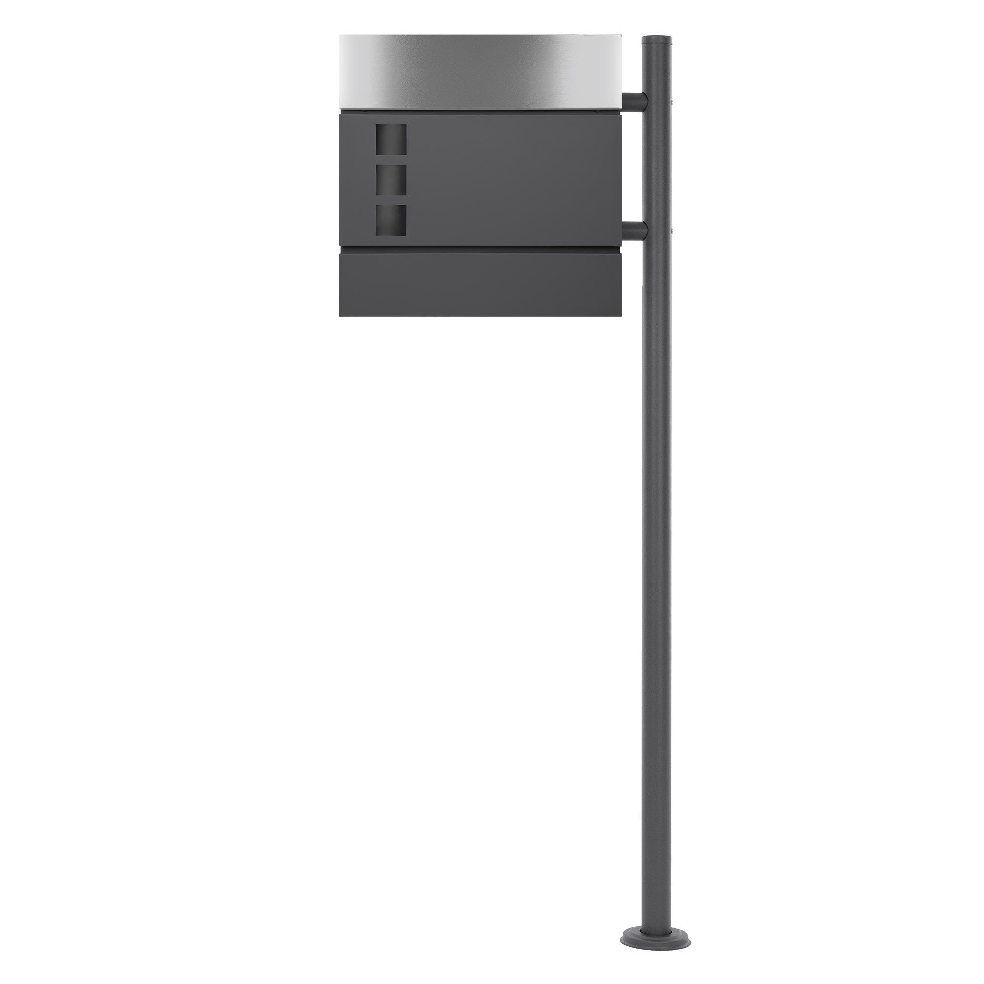 Cassetta postale con involucro grigio, cassetto laterale e base nera.