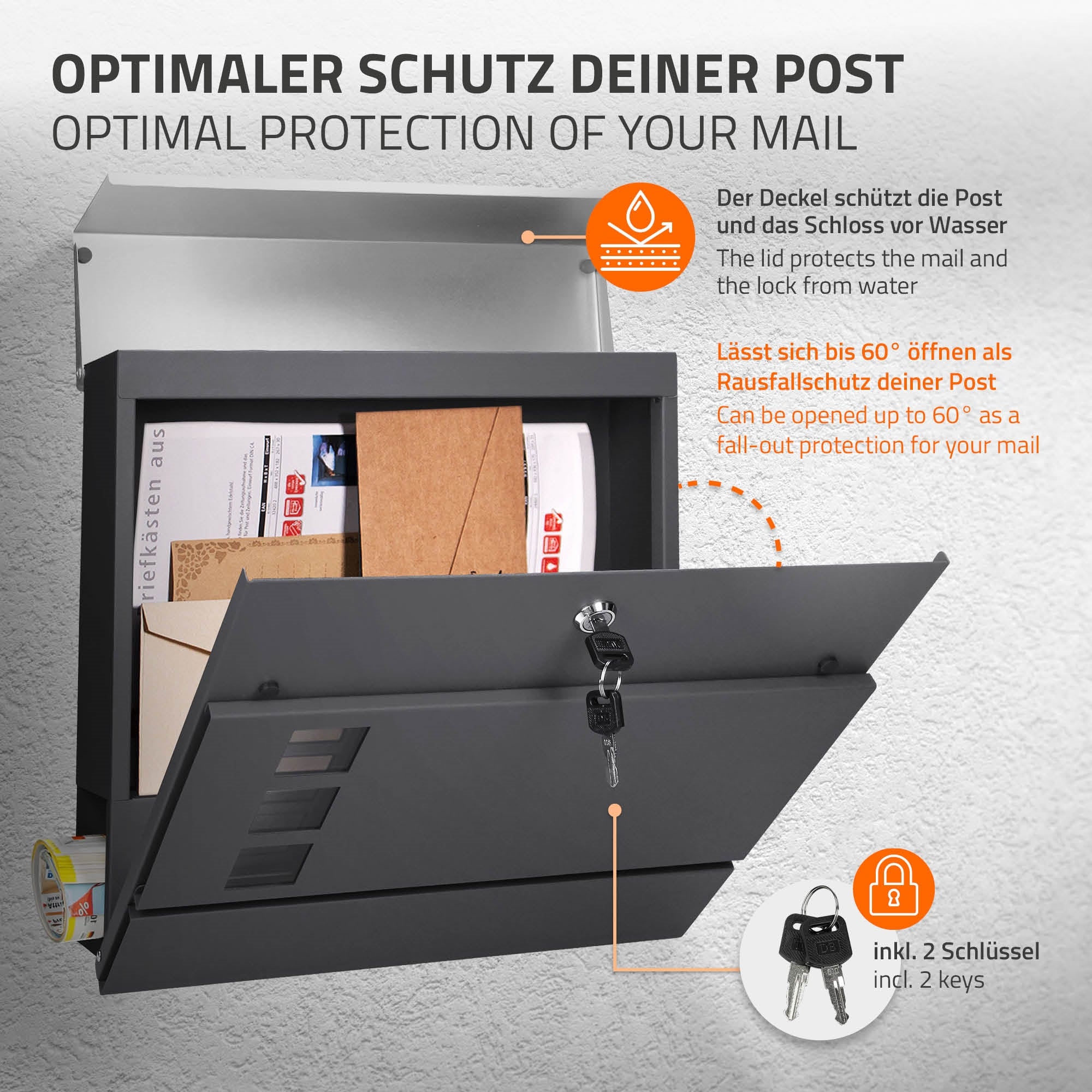 Briefkasten mit geöffnetem Deckel, Schlüssel und Post im Inneren.