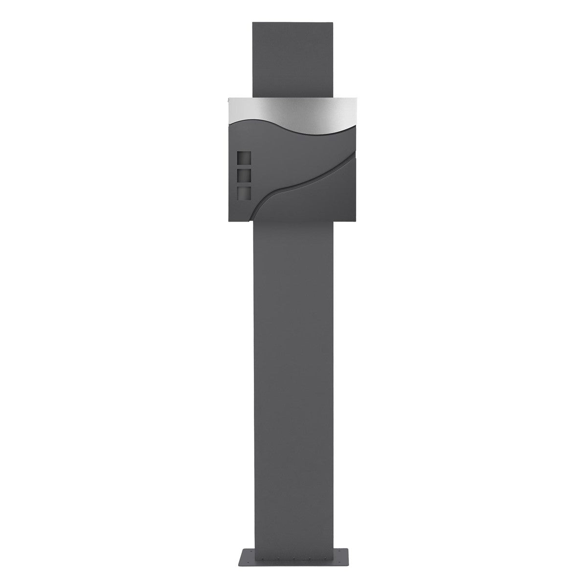 Modern mailbox unit with a gray housing and silver lid.