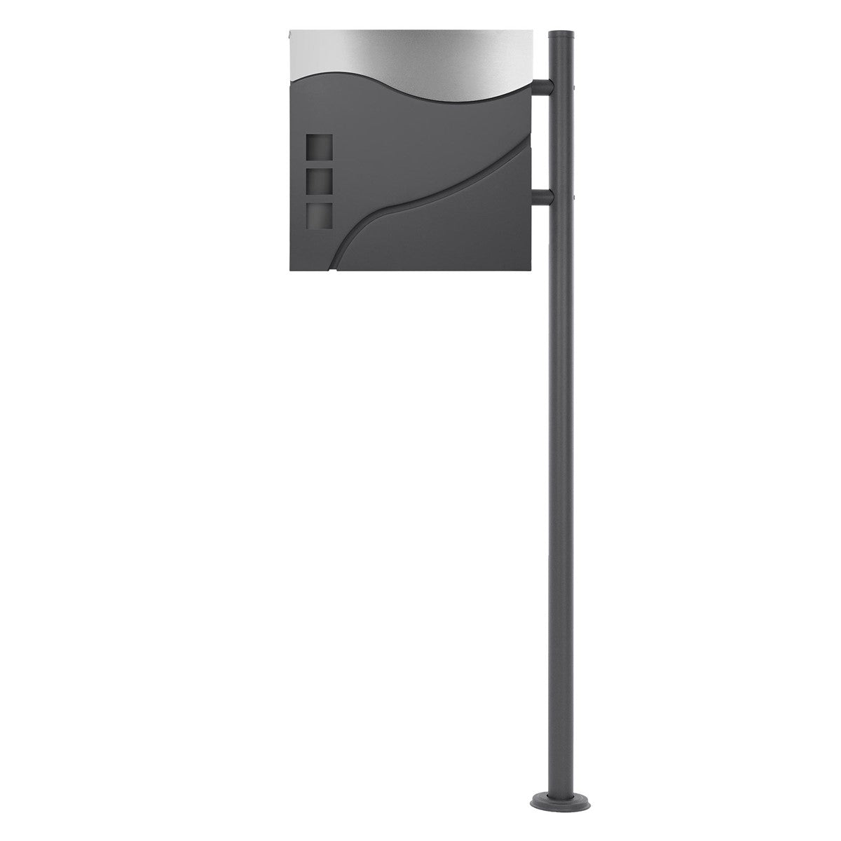 Letterbox on a post, with three openings and a curved front.