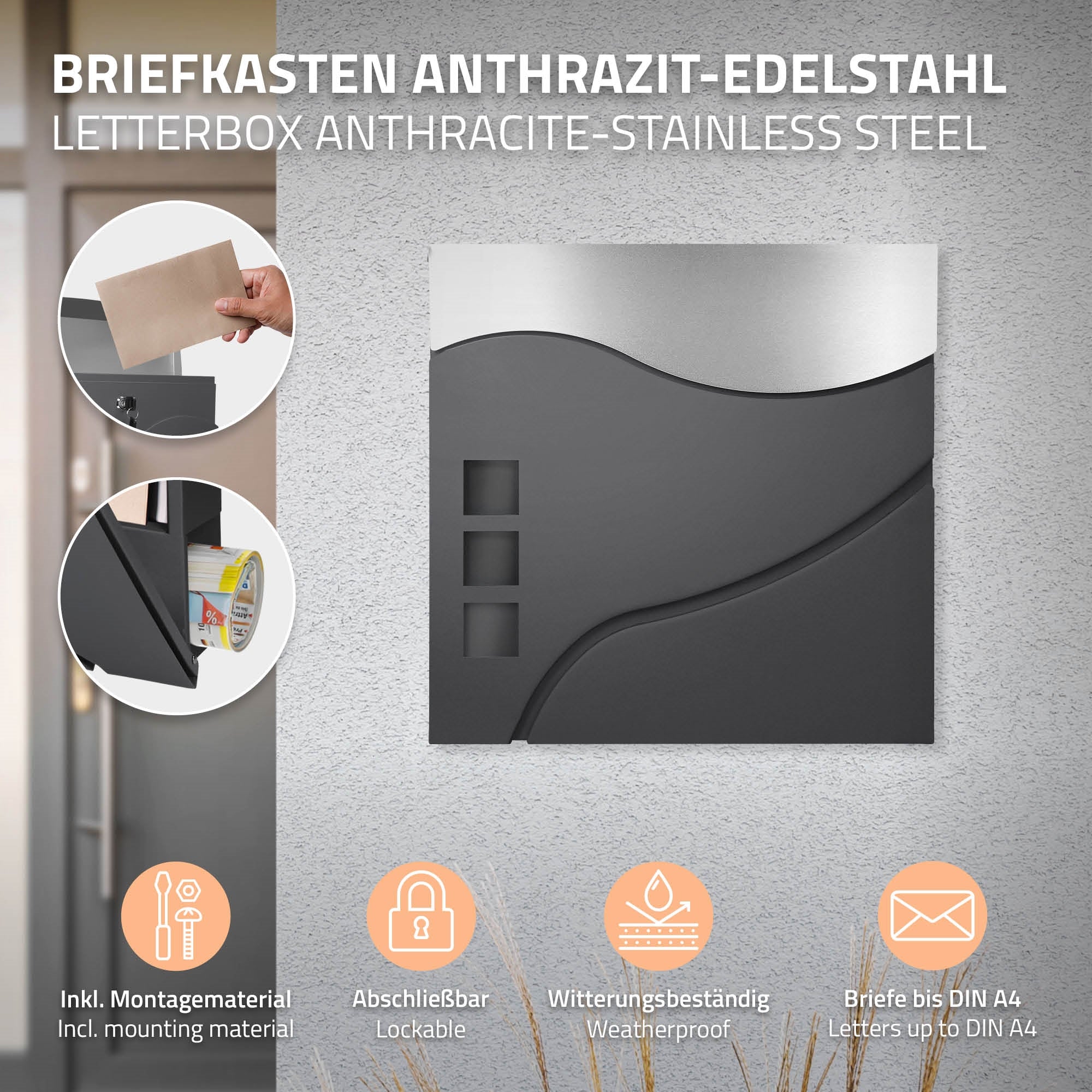 Briefkasten in Anthrazit mit Edelstahl-Elementen an einer Wand.