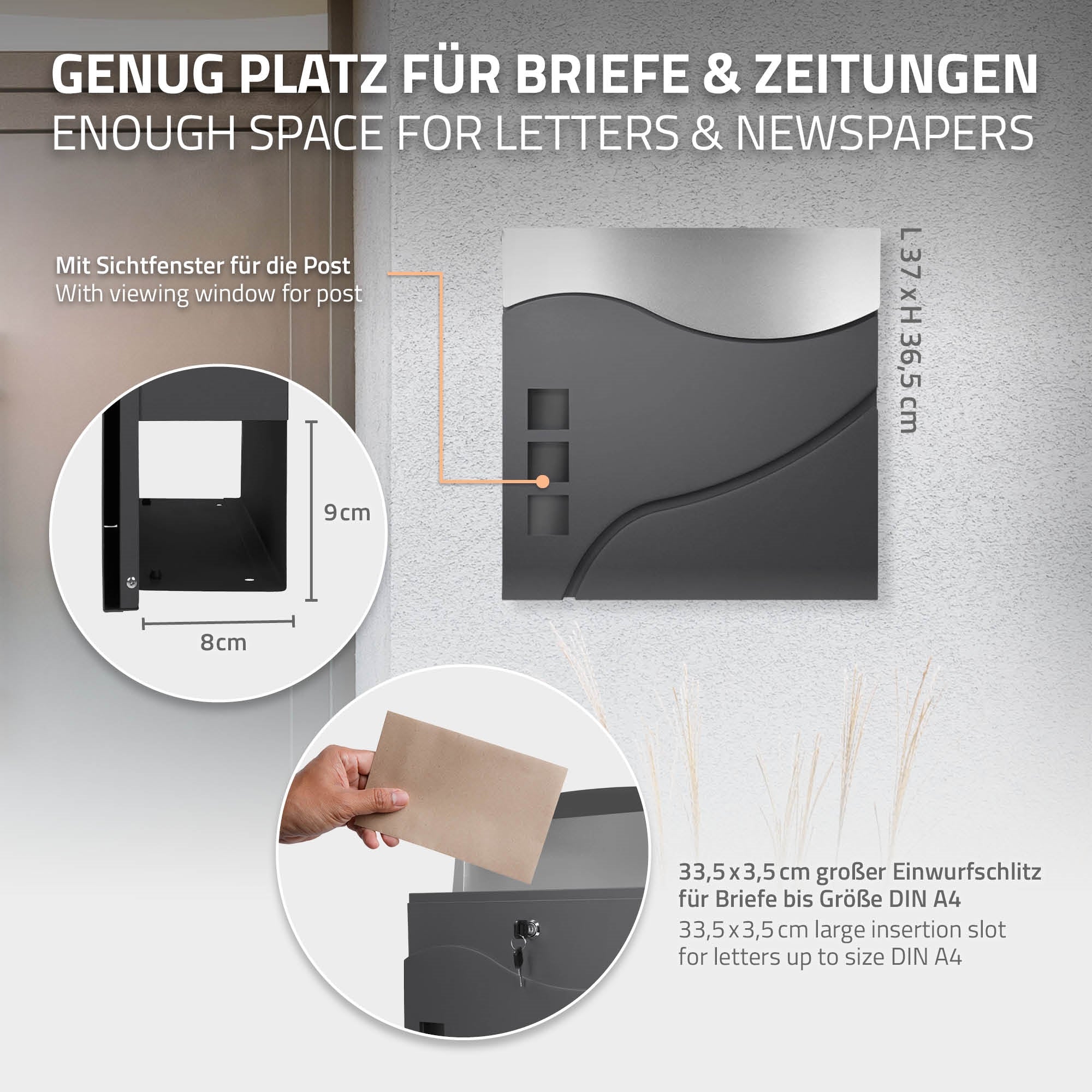 Briefkasten mit Sichtfenster und Einwurf für DIN A4 Briefe.