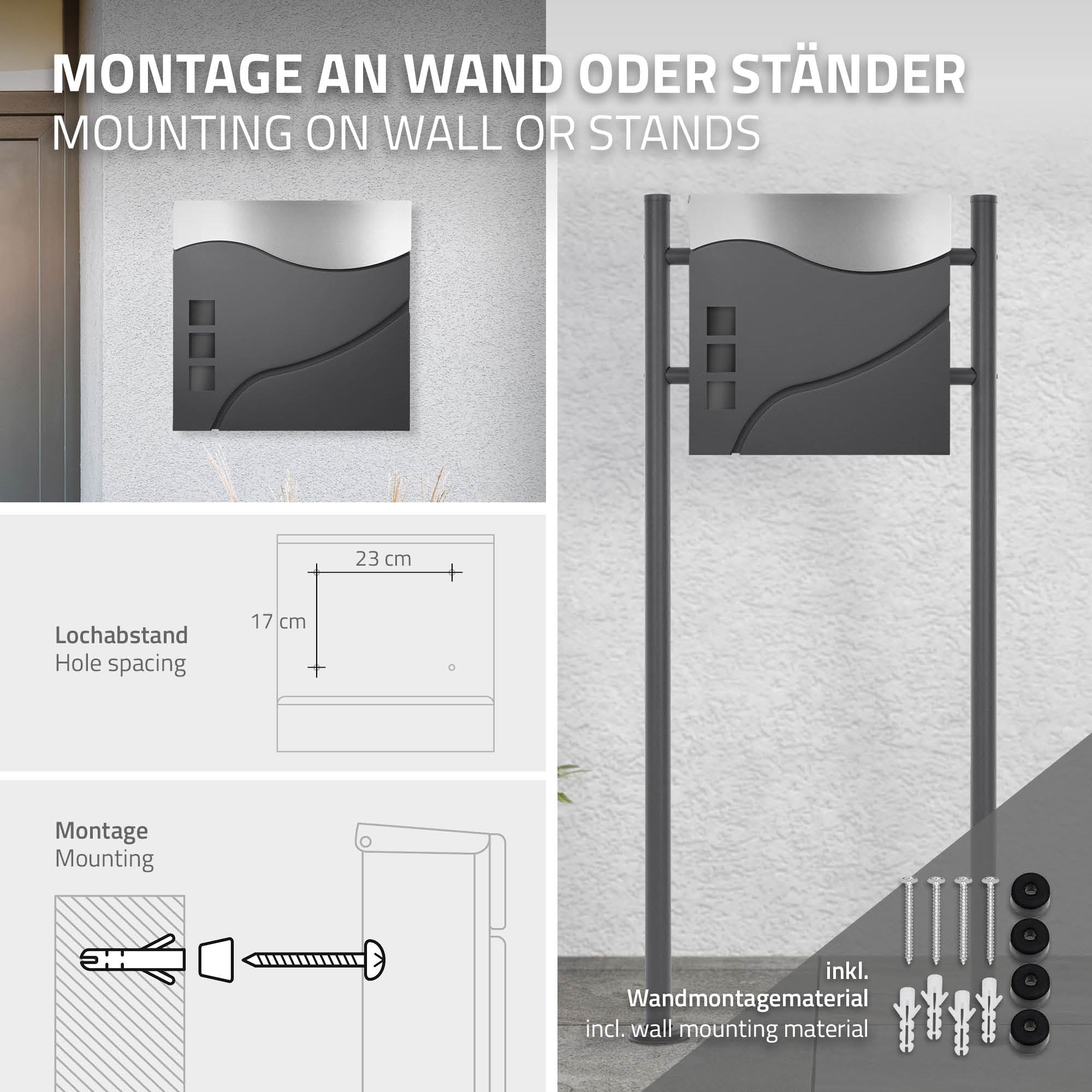 Briefkasten an Wand montiert, mit Montageanleitung und Zubehör.