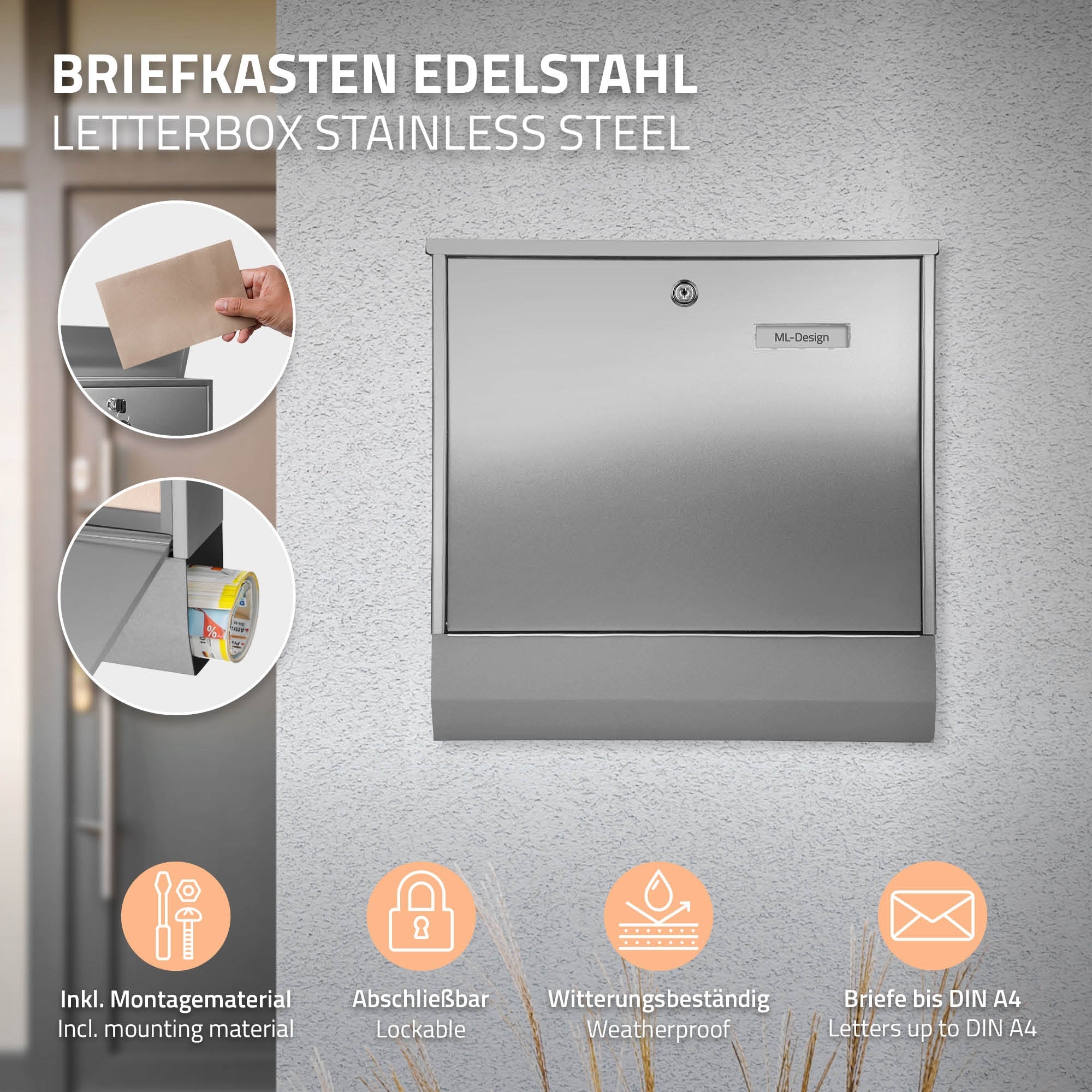 Edelstahlbriefkasten mit Briefschlitz und Informationen.