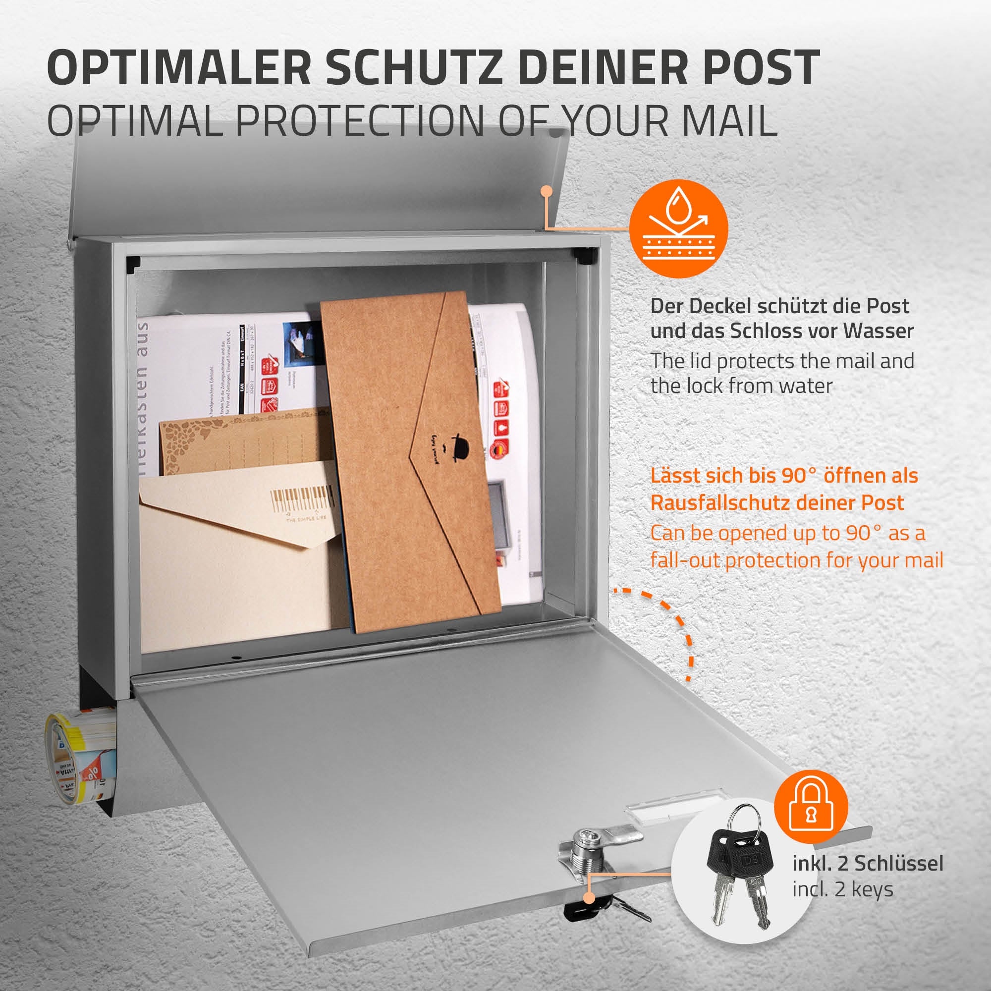 Offene Briefkastenbox mit Post und zwei Schlüsseln, Hinweis auf Wasserschutz und Sicherheit.