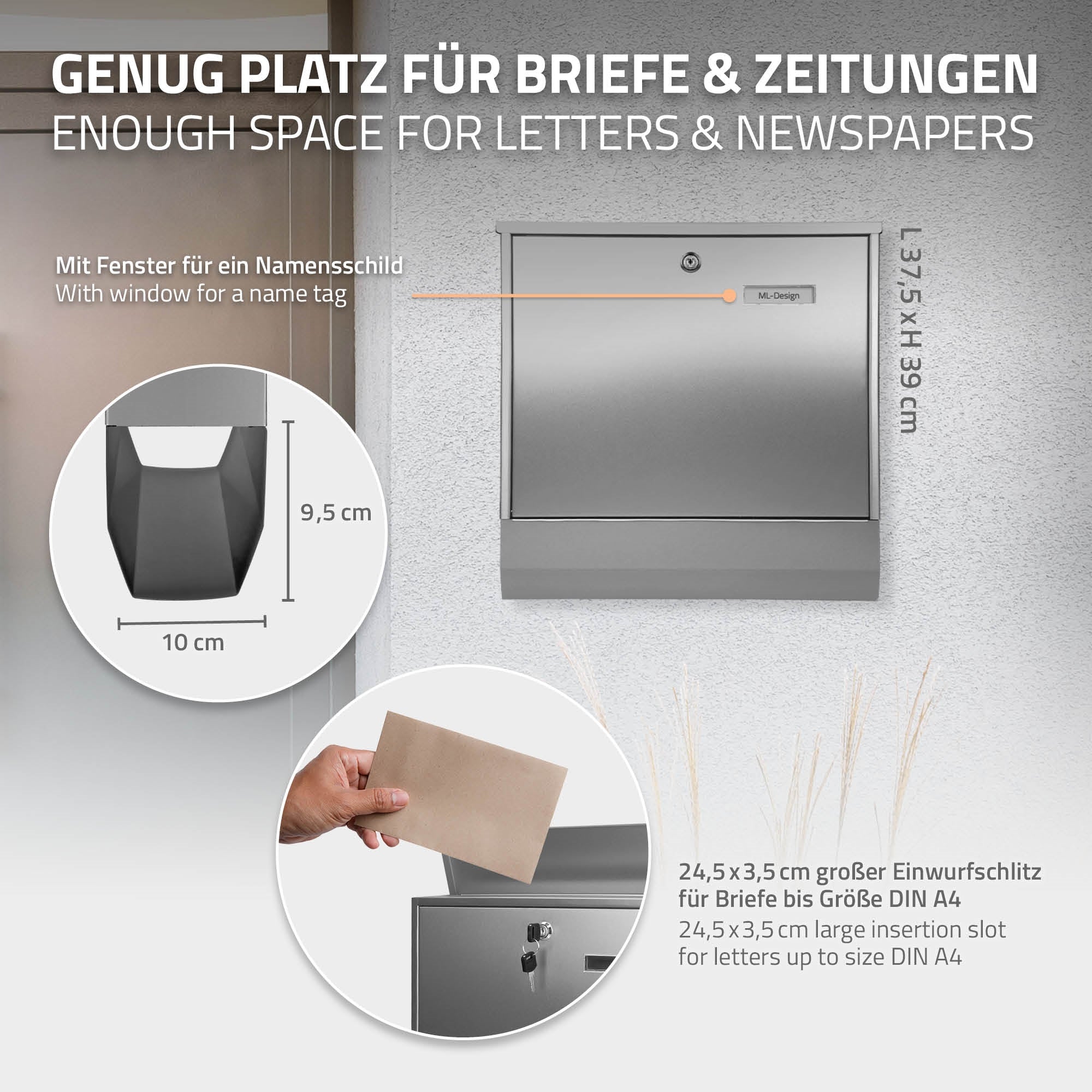 Briefkasten mit Platz für Briefe und Zeitungen, mit Fenster für Namensschild.