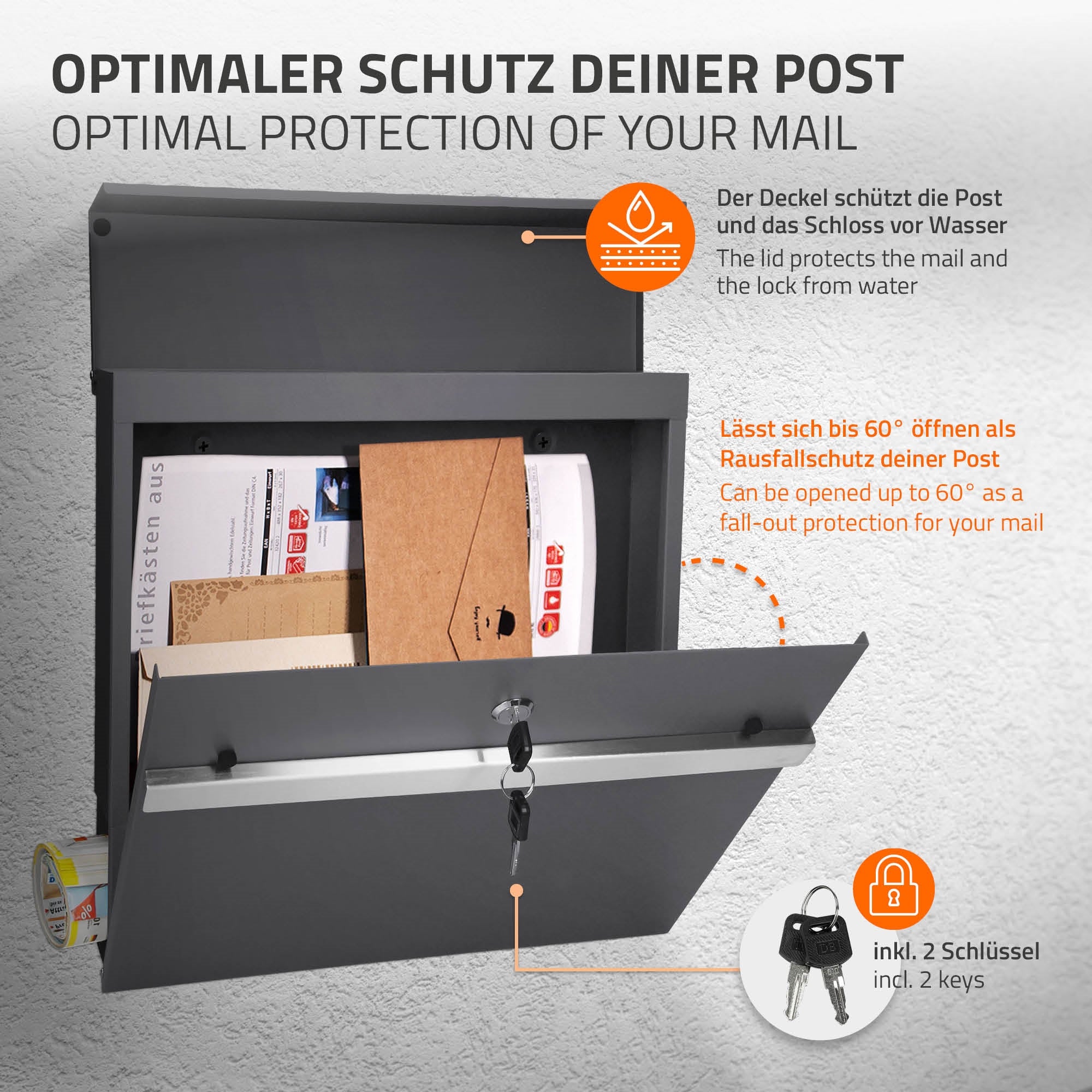 Briefkasten mit Deckel, der Post und Schloss vor Wasser schützt.