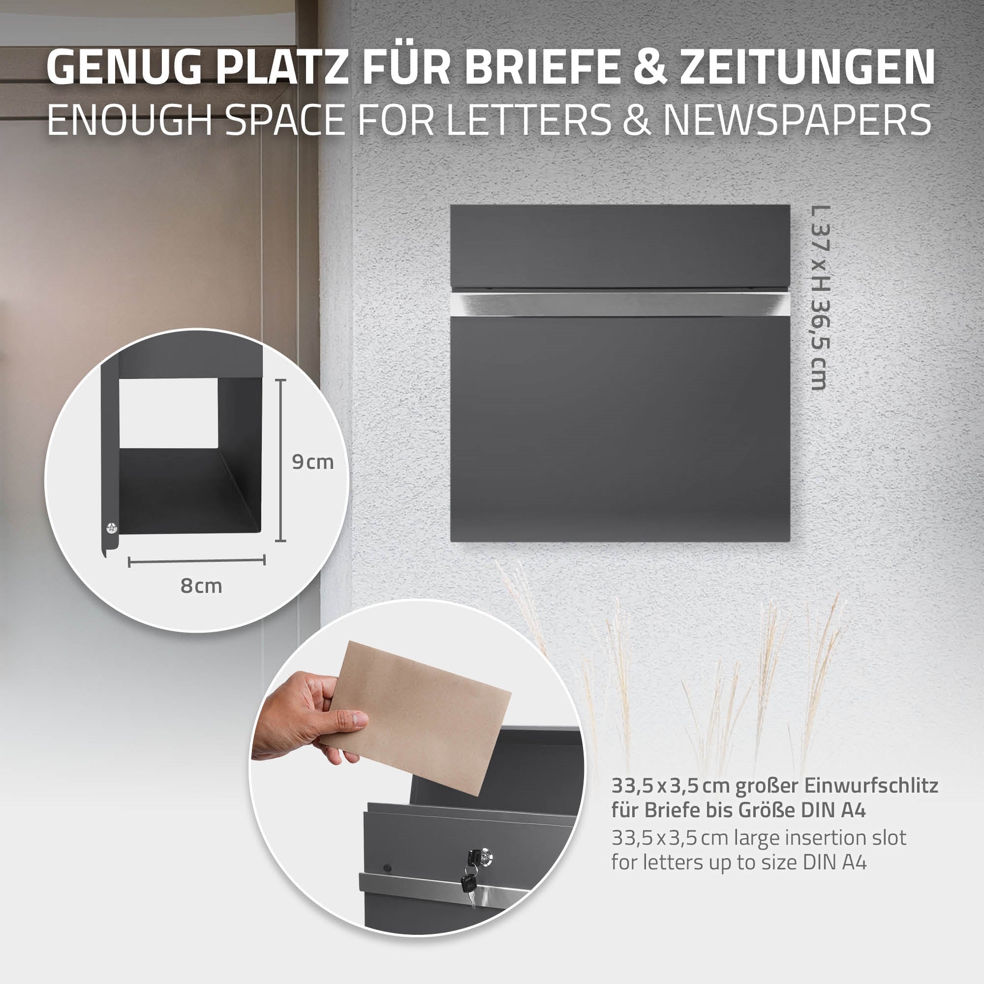 Briefkasten mit Platz für Briefe und Zeitungen, Maße und Schlitzgröße.