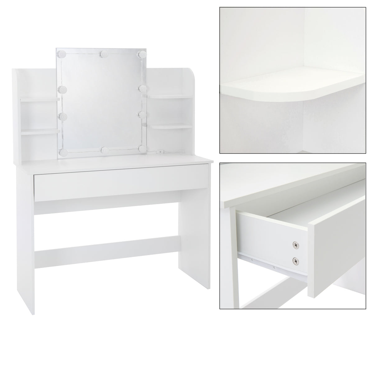 Coiffeuse blanche avec miroir, tiroir et étagères.