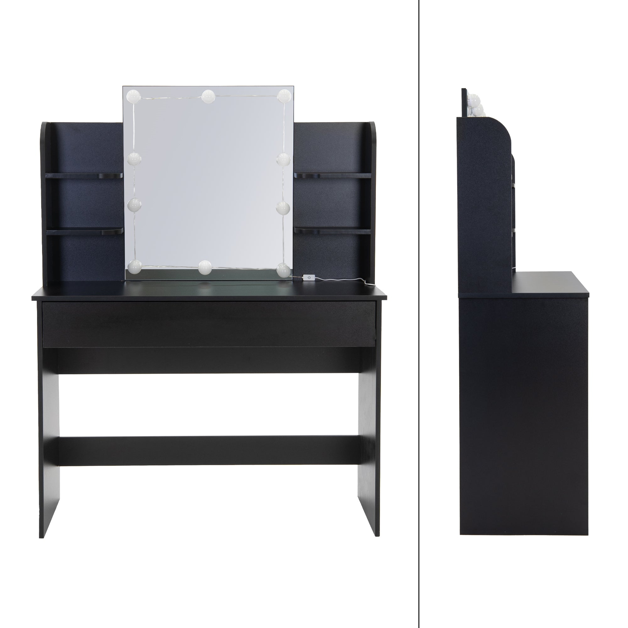 Black makeup table with mirror, side view.