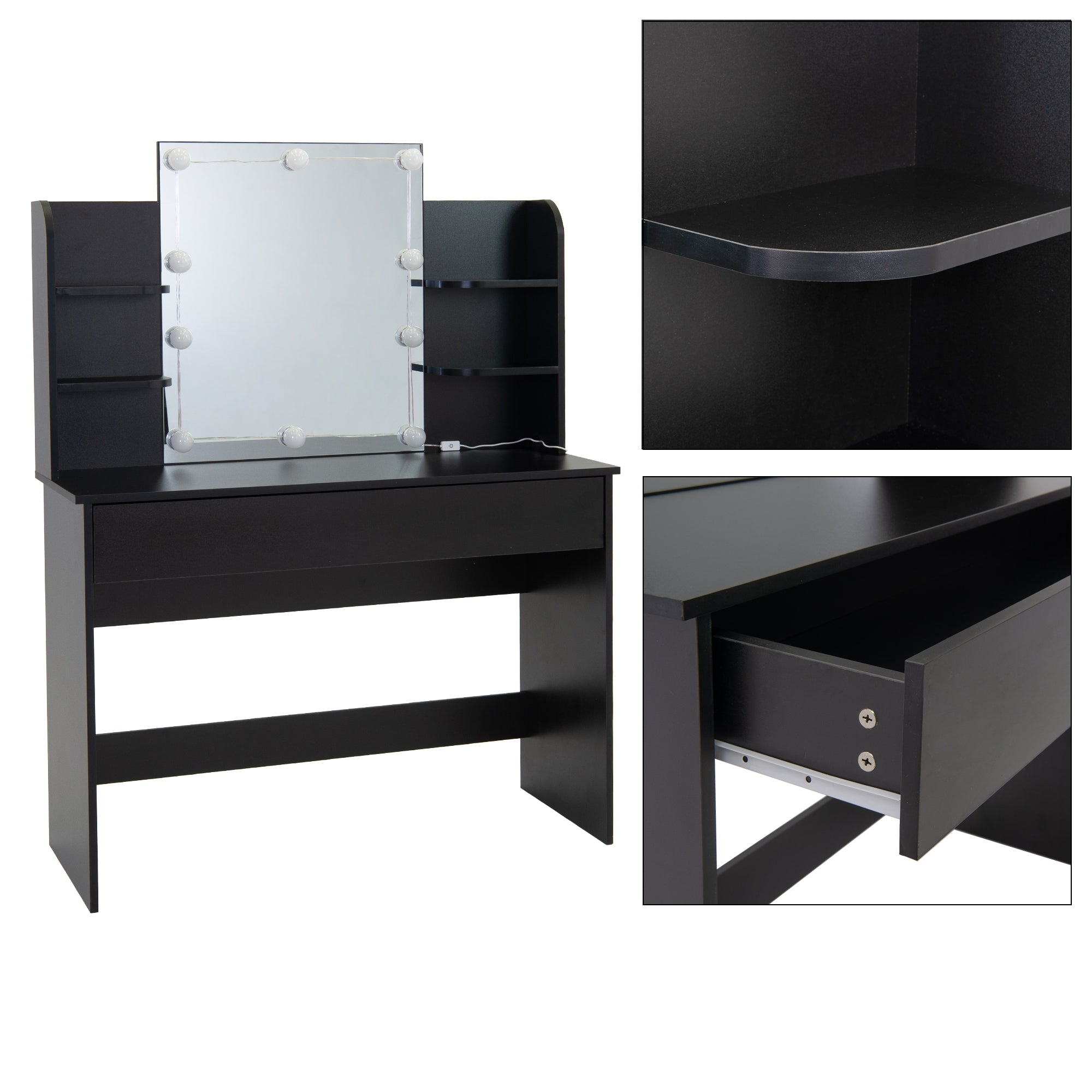 Detailed view of a black makeup table with mirror and drawer.