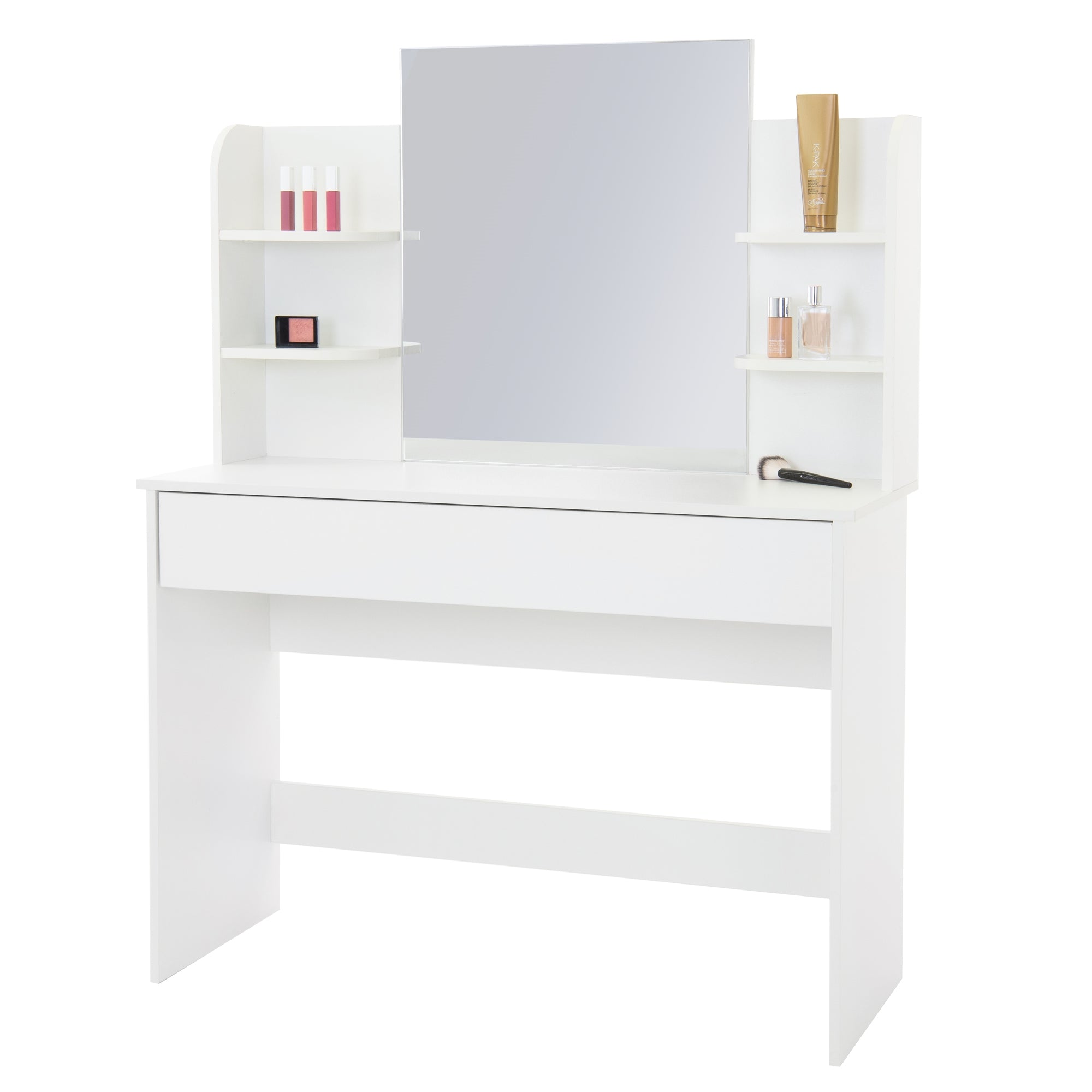 Witte make-up tafel met spiegel en planken voor cosmetische producten.