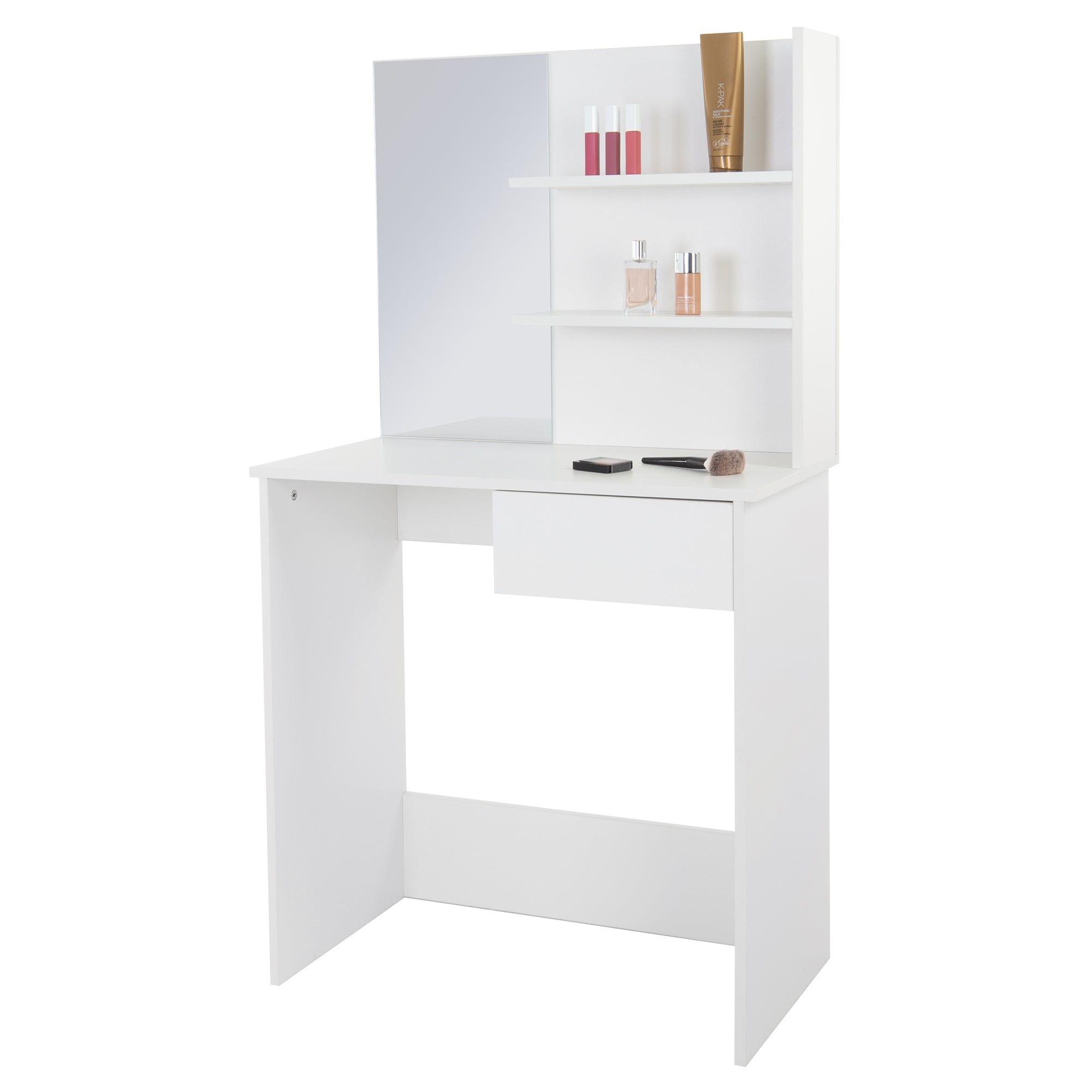 Coiffeuse blanche avec miroir et étagères pour cosmétiques.