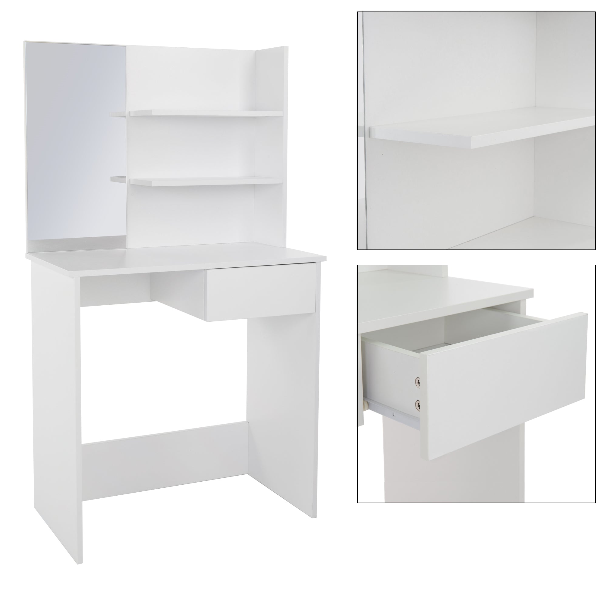 Une coiffeuse blanche avec miroir, étagères et un tiroir.