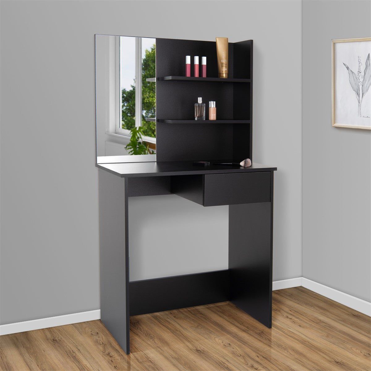 Black vanity table with mirror and shelves.