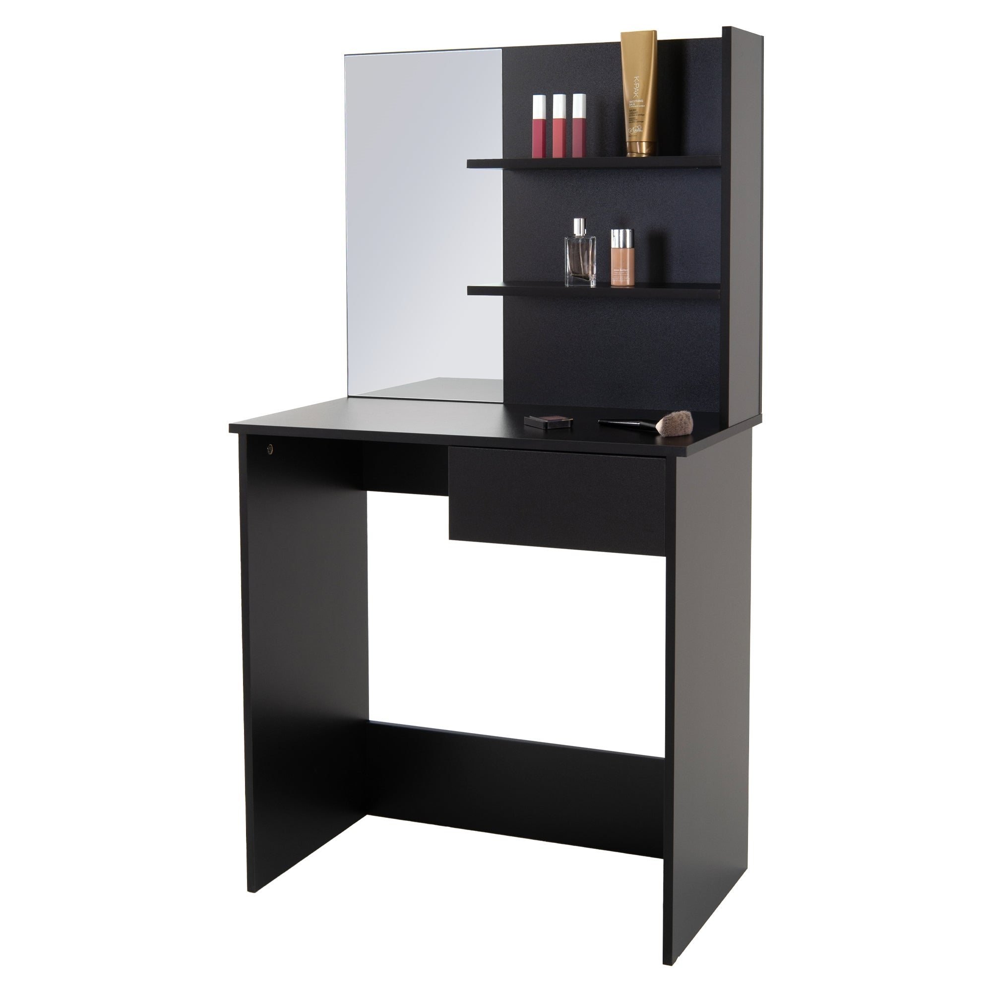 Black makeup table with mirror and cosmetic products on shelves.