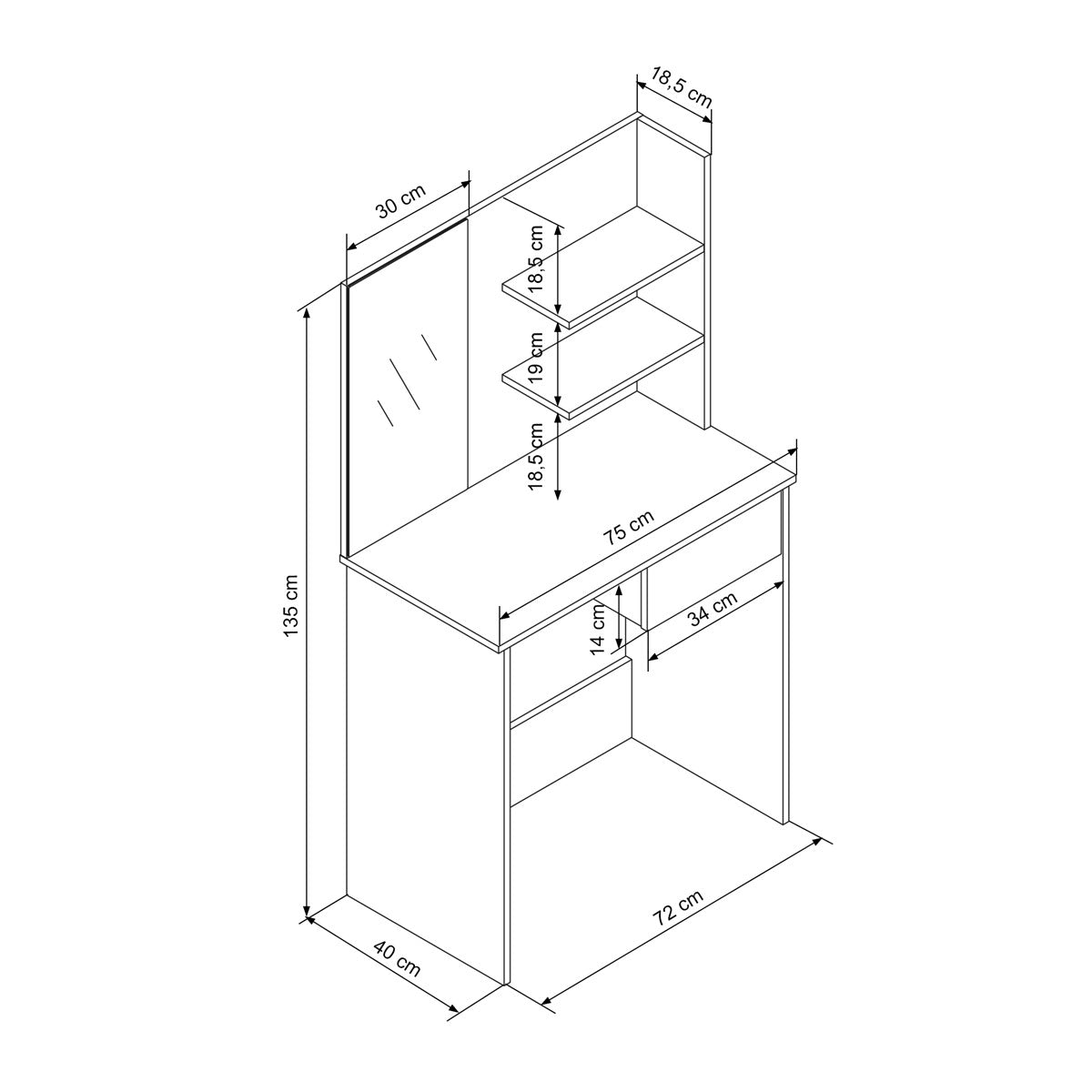Technical drawing of a desk with dimensions and shelves.