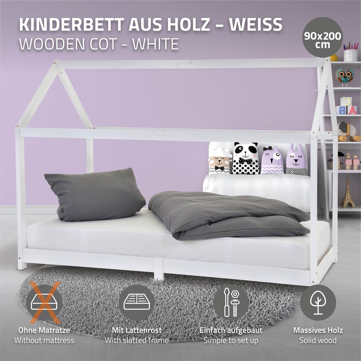 Białe łóżko dziecięce ze stelażem listewkowym i poduszką na powierzchni do spania.