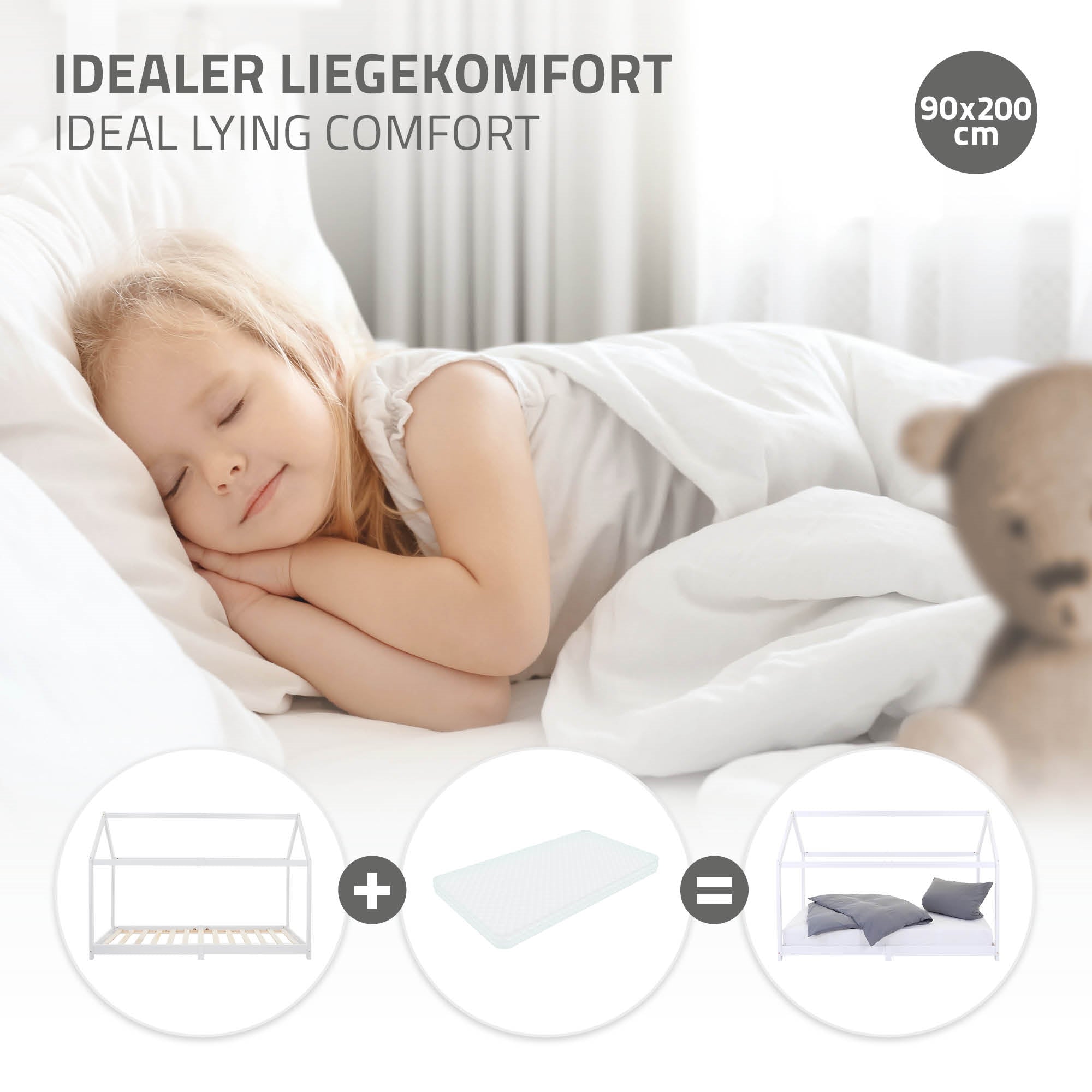 Schlafendes Kind im Bett mit Kissen und Decke, Teddy nebenan.