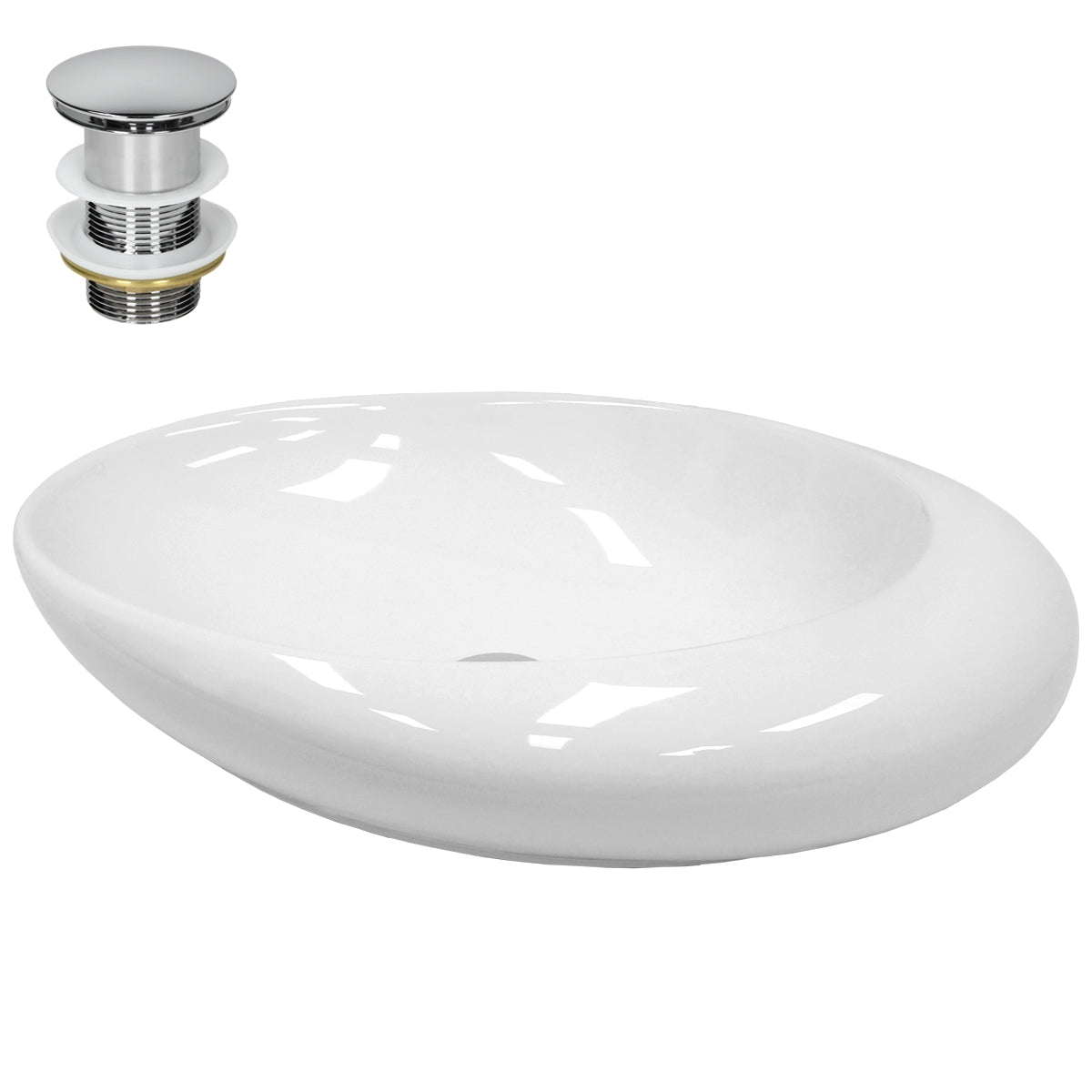 Lavabo blanco en forma ovalada con desagüe cromado.