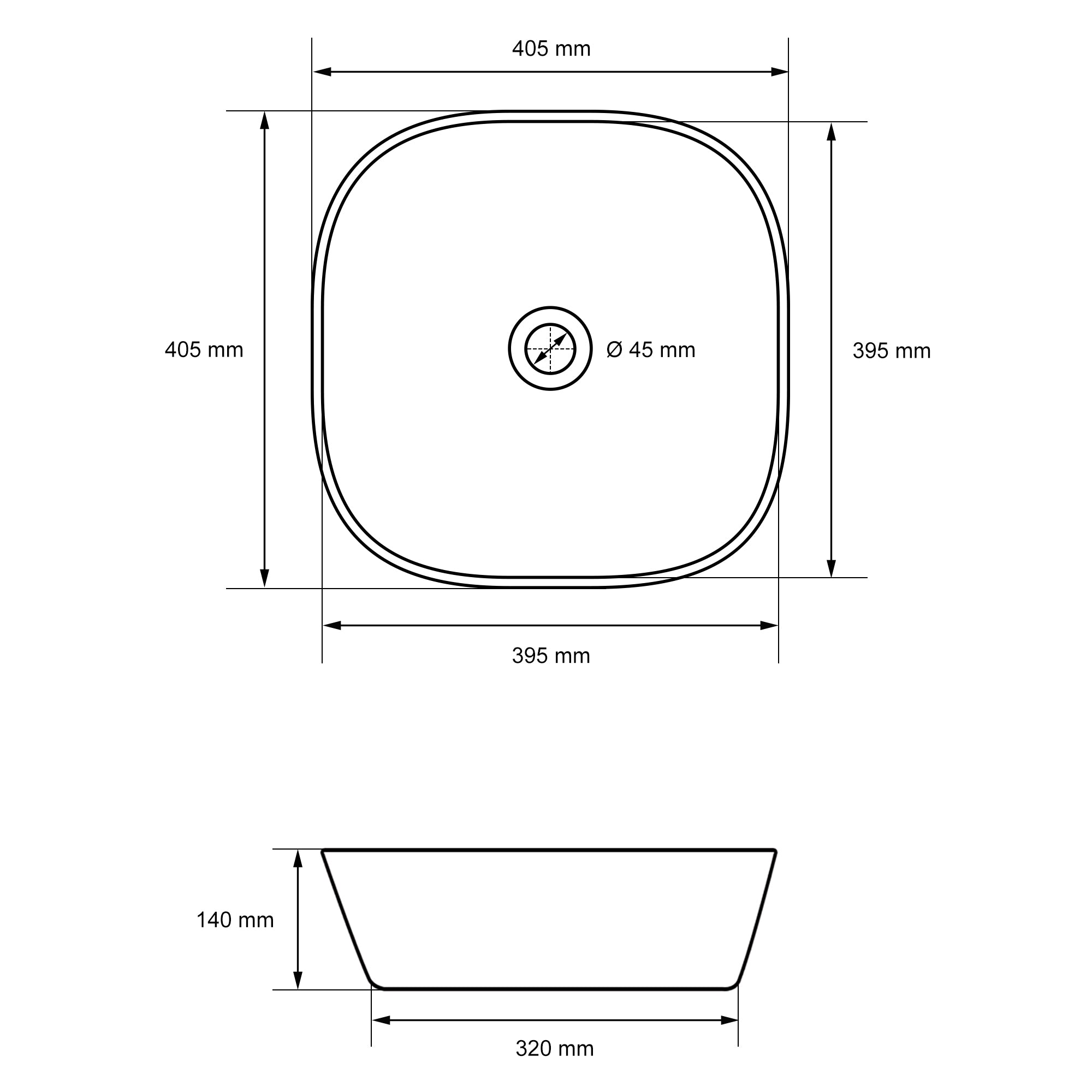 Technical drawing of a square washbasin with dimensions.