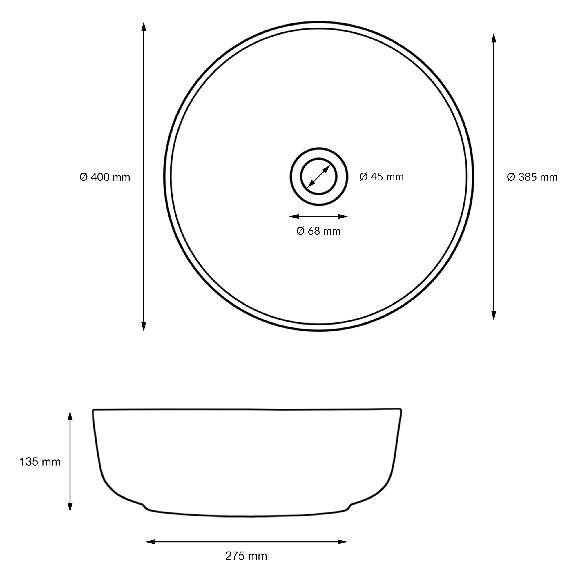 Dessin technique d'un lavabo ovale avec dimensions.