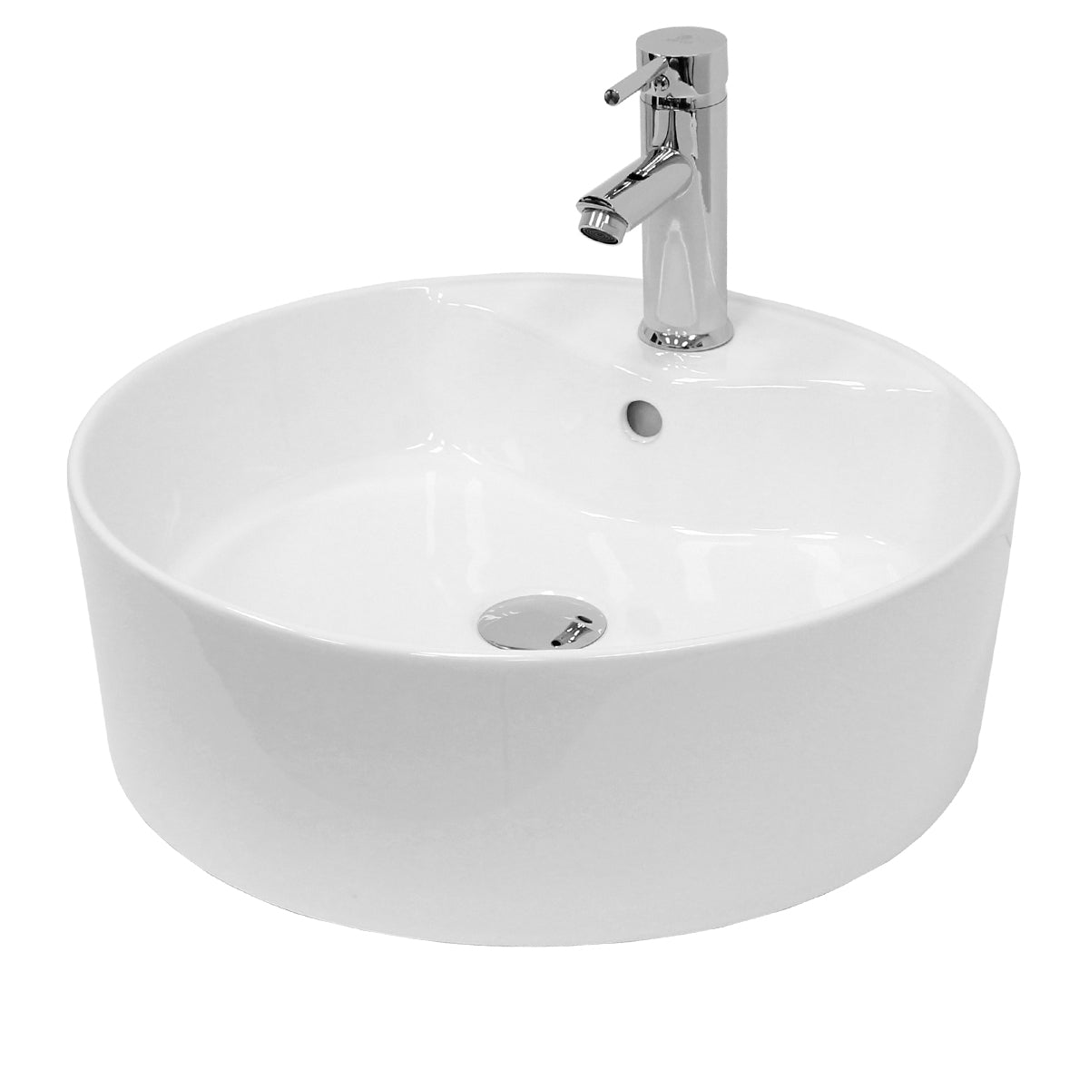 Round, white sink with a faucet.
