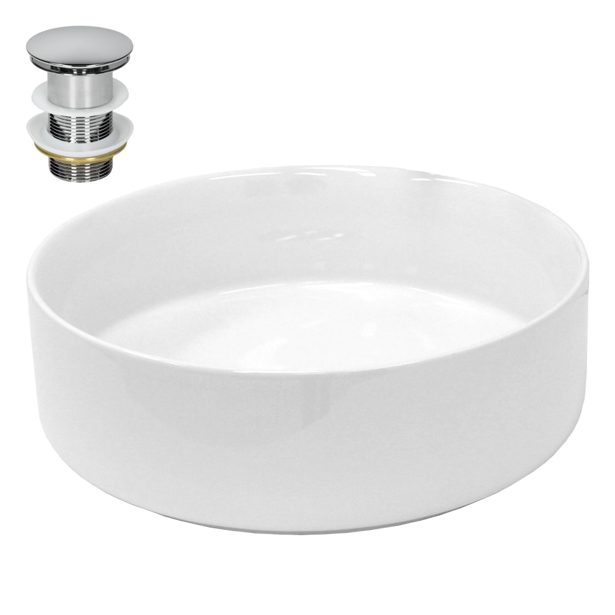 Rundt vaskebassin i hvid med afløb og blank prop.