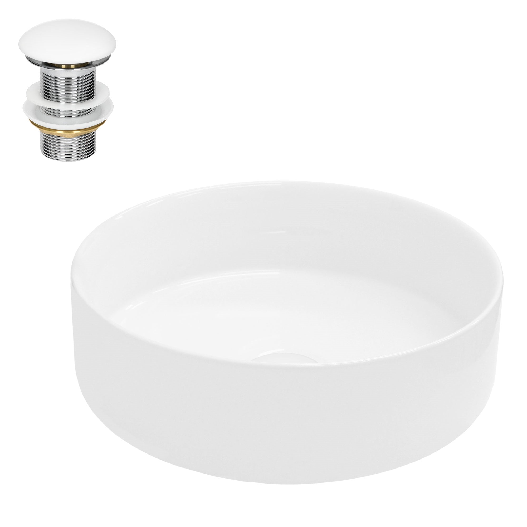 Round, white sink with drain valve.