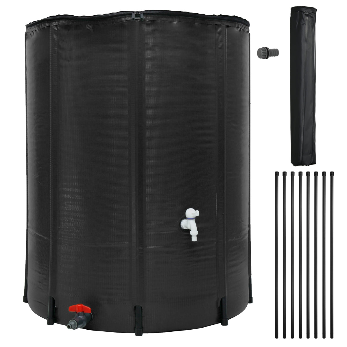 Schwarzer Wassertank mit Wasserhahn und mehreren Stangen daneben.