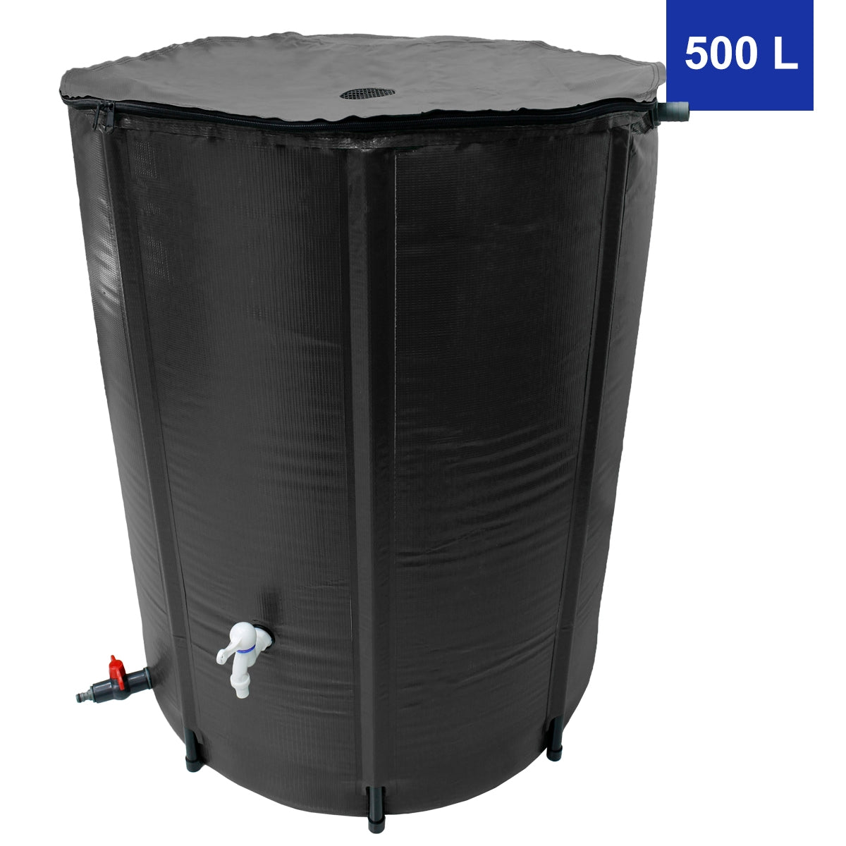Schwarzer Wassertank mit einem Volumen von 500 Litern.