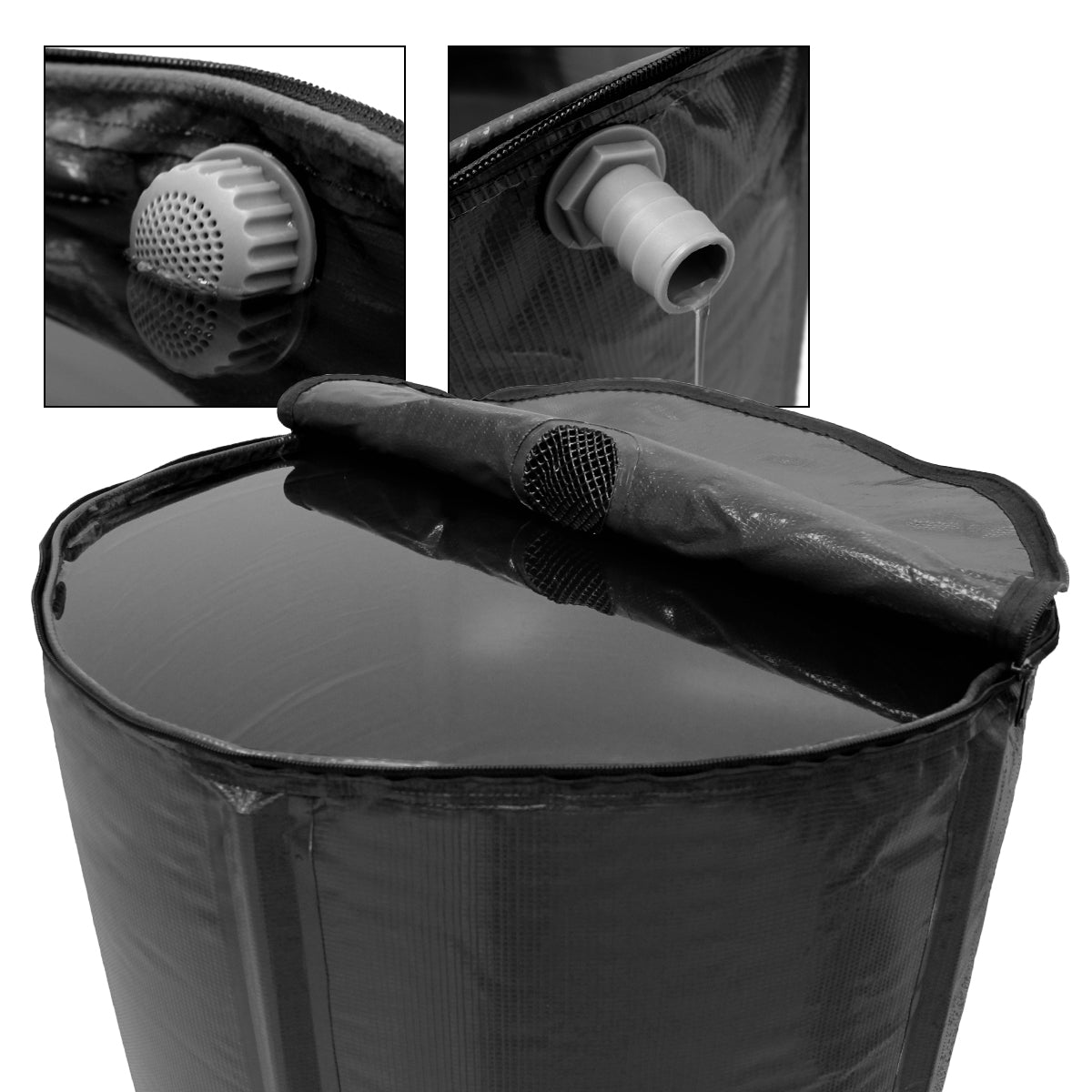 Detailansicht des Wassertanks mit einem Deckel und einem Auslass.