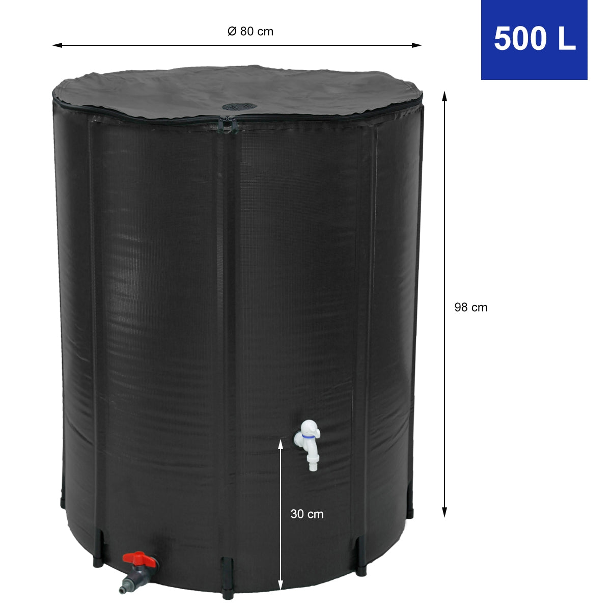 Schwarzer Wassertank mit Maßangaben und Wasserhahn.