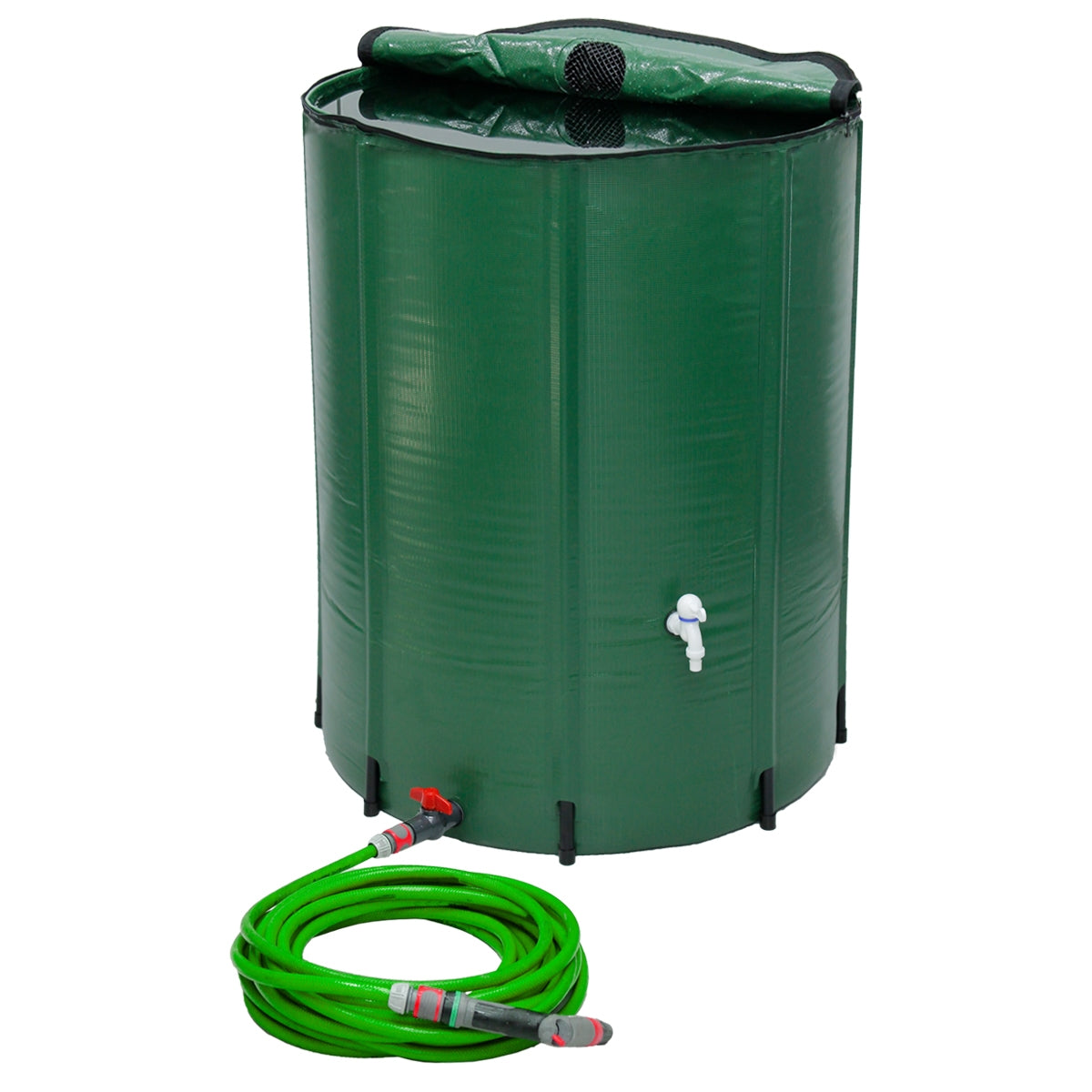 Grüner Wassertank mit Deckel, Auslassventil und grünen Schläuchen.