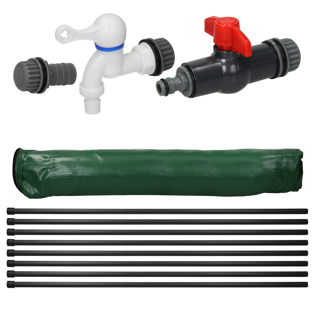 Zubehörteile für den Wassertank: Hahn, Ventil und schwarze Rohre, auf einem weißen Hintergrund.