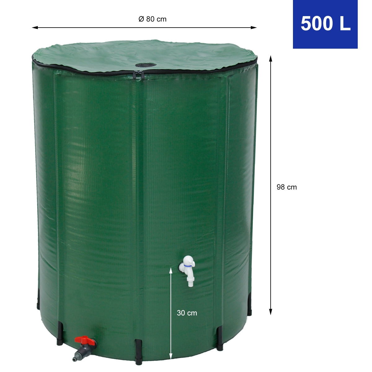 Grüner Wassertank mit Maßangaben und Wasserhahn.