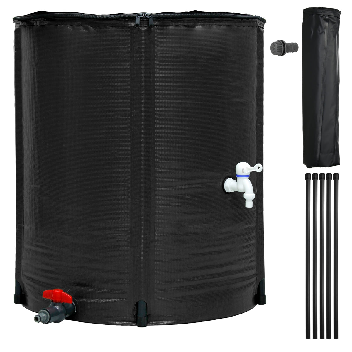 Schwarzer Wassertank mit Ventil und mehreren Rohren.