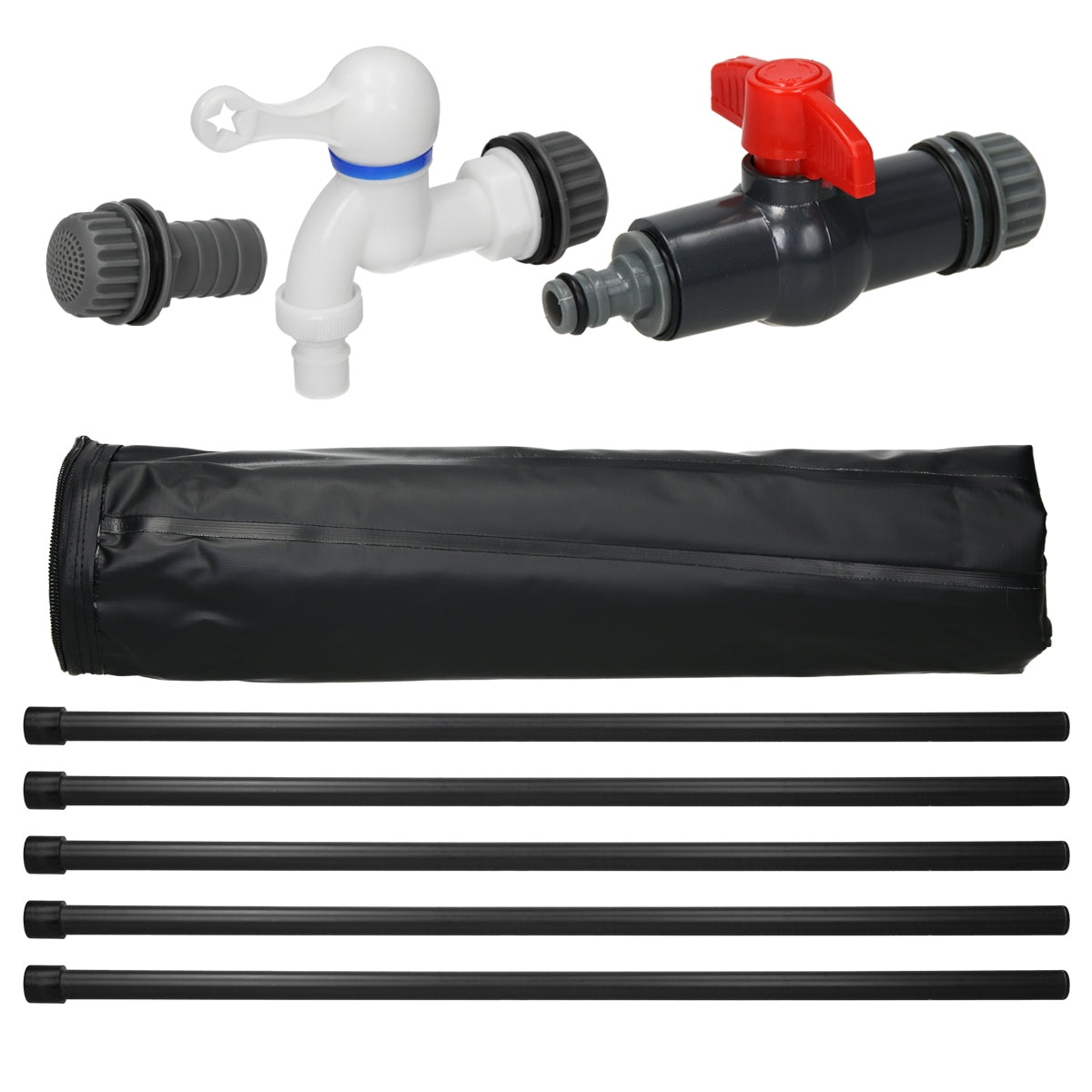 Wasserhahn mit verschiedenen Anschlüssen und einer schwarzen Tasche mit Stangen.
