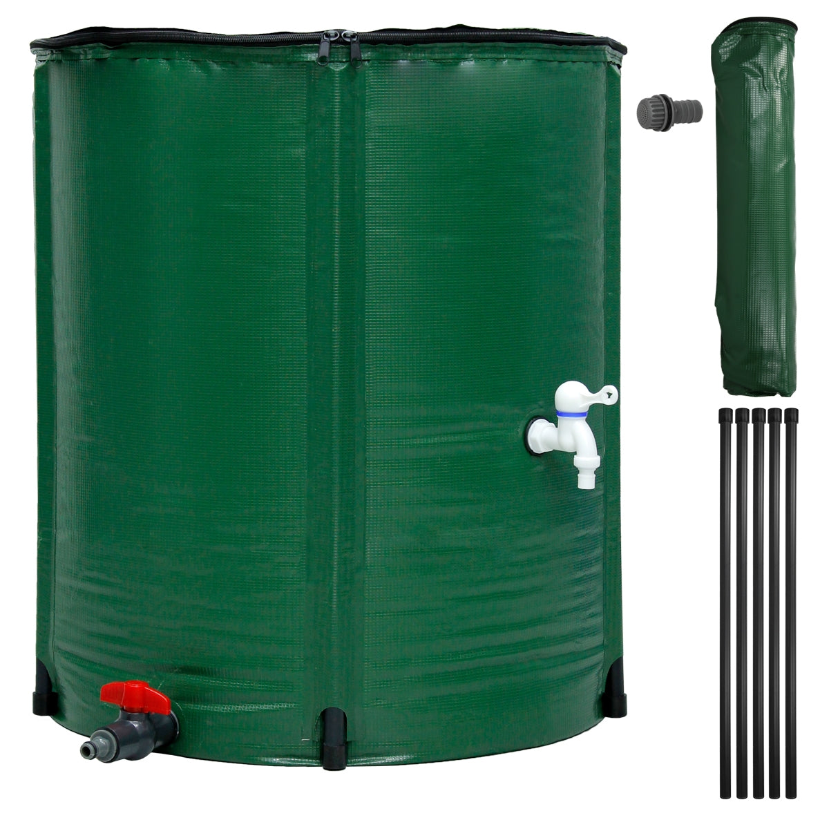 Grüner Wassertank mit Auslaufhahn und Zubehörteilen, auf einem weißen Hintergrund.