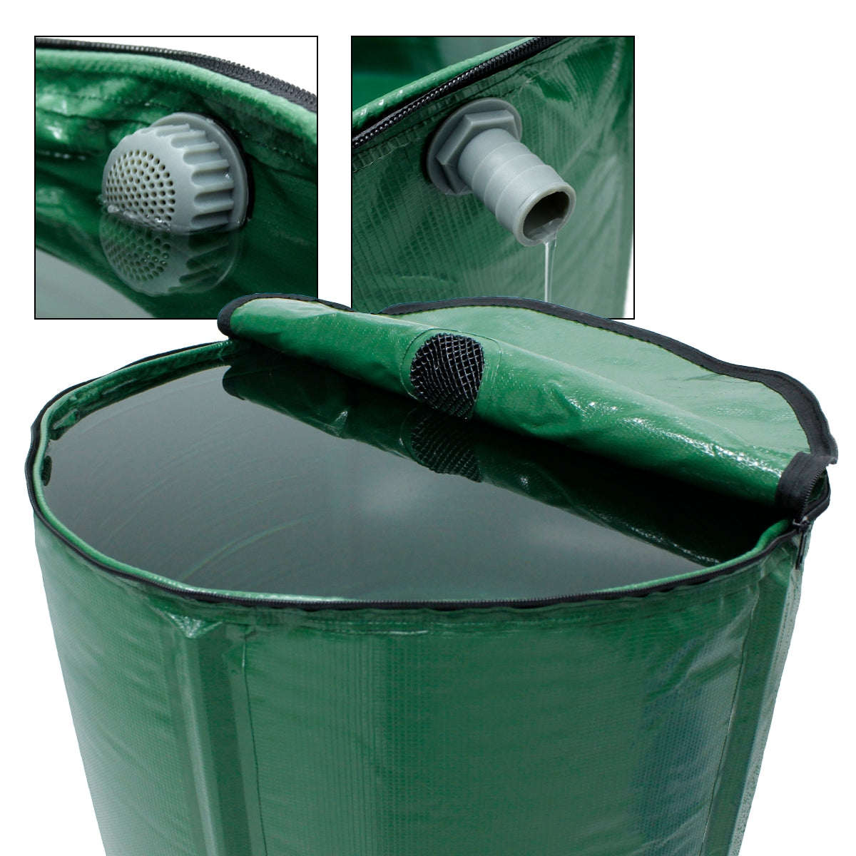 Grüner Wassertank mit Deckel und Auslassventil, Wasser steht im Tank.