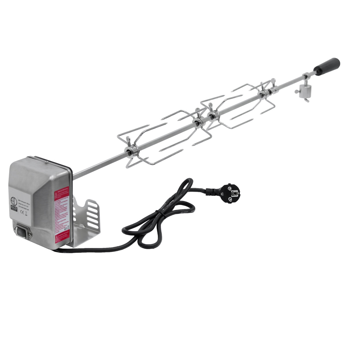 Edelstahl-Spieß mit Motor und Kabel, für Grillzwecke, mit Halterungen.